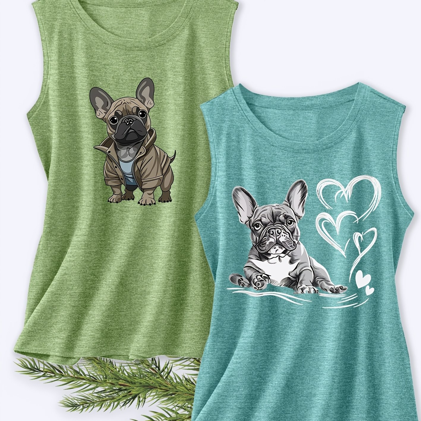 TEMU Walking A 2pcs Women's Vest Set, French Bulldog Trendy Illustration Print Summer Elegant Party Wear, Sleeveless Vest Summer Women's Essential