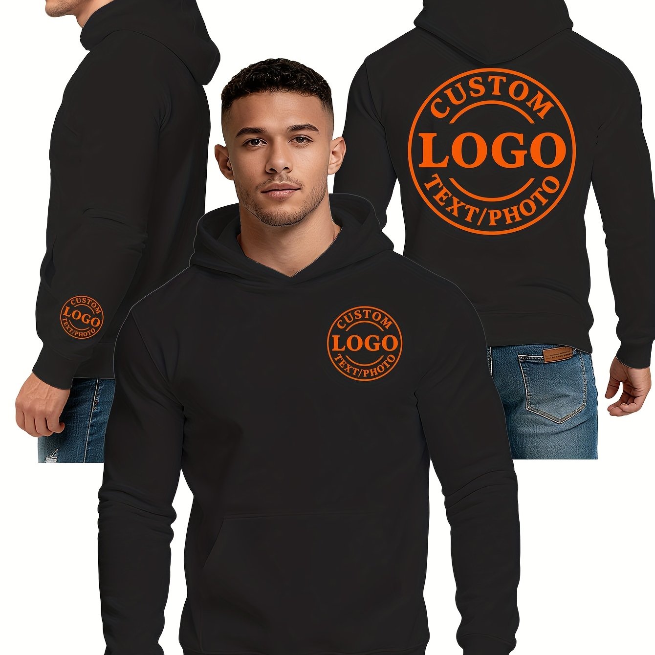 E-shop [Benutzerdefiniertes Produkt] Leichtes Kapuzenpullover, personalisierbarer Herren-Hoodie, Drucke in 3 Bereichen anpassbar: Brust, Rücken und