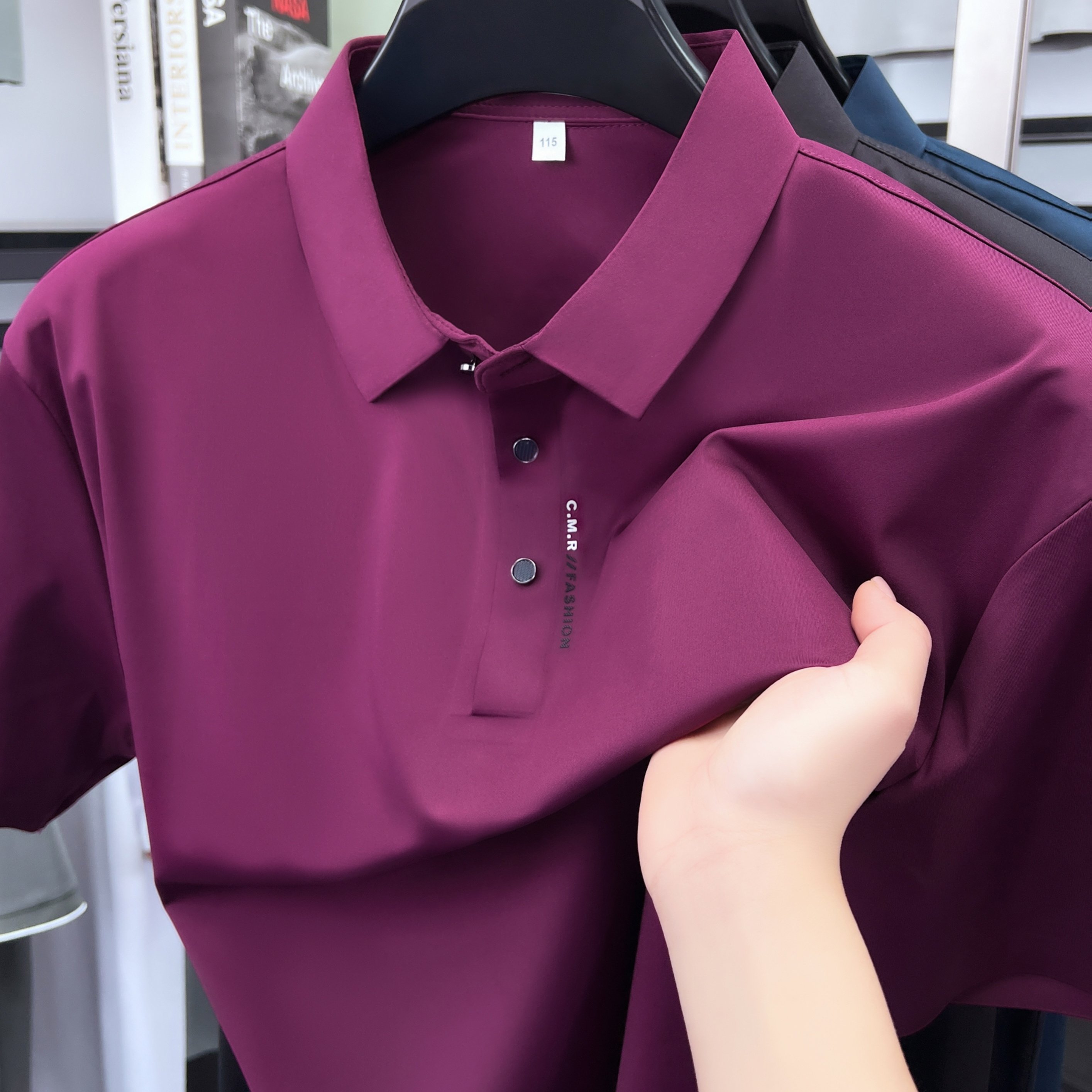 TEMU 2026 Summer New Arrival Plus Size Short Sleeve T-shirt For Men, Solid Color Casual Middle-aged Dad Style, Extra Large Lapel Collar Half-sleeve