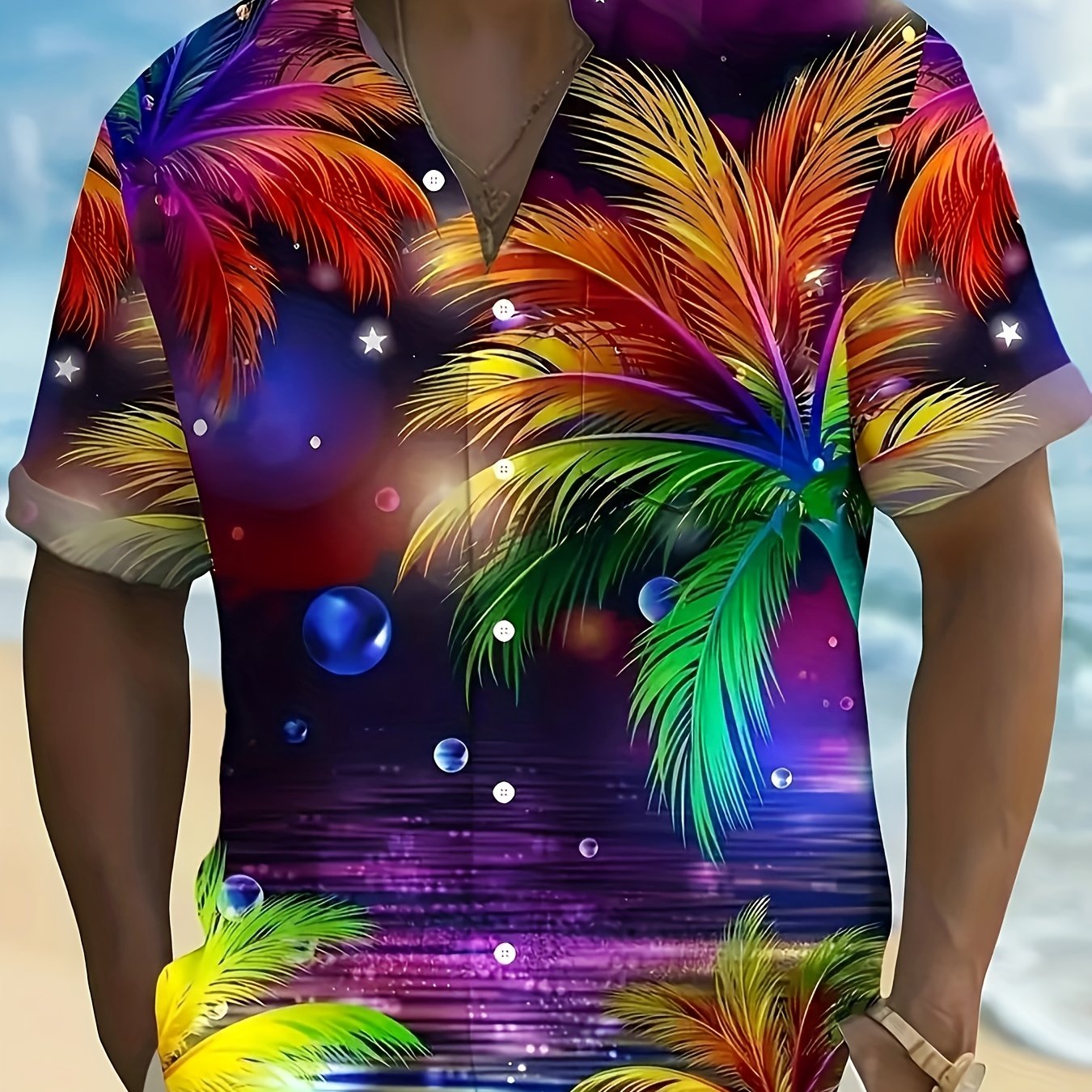 TEMU Men's Tree Sunset Print Short Sleeve Shirt, Vibrant Polyester Fabric, Casual Button- With Chest Pocket, Summer Beach