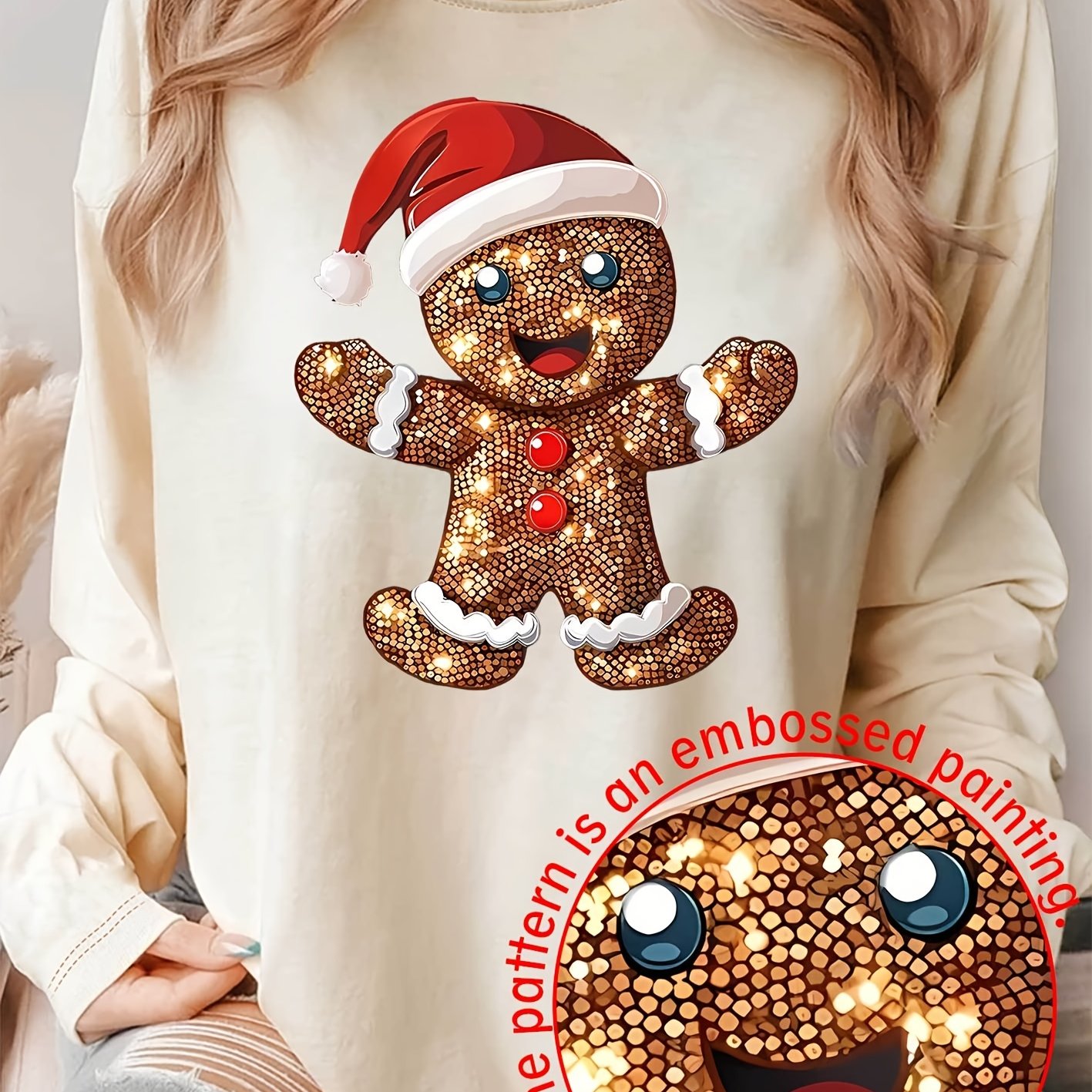 TEMU Christmas Hat Cookie Print Retro Fashion Oversized Women's Long Sleeve T-shirt