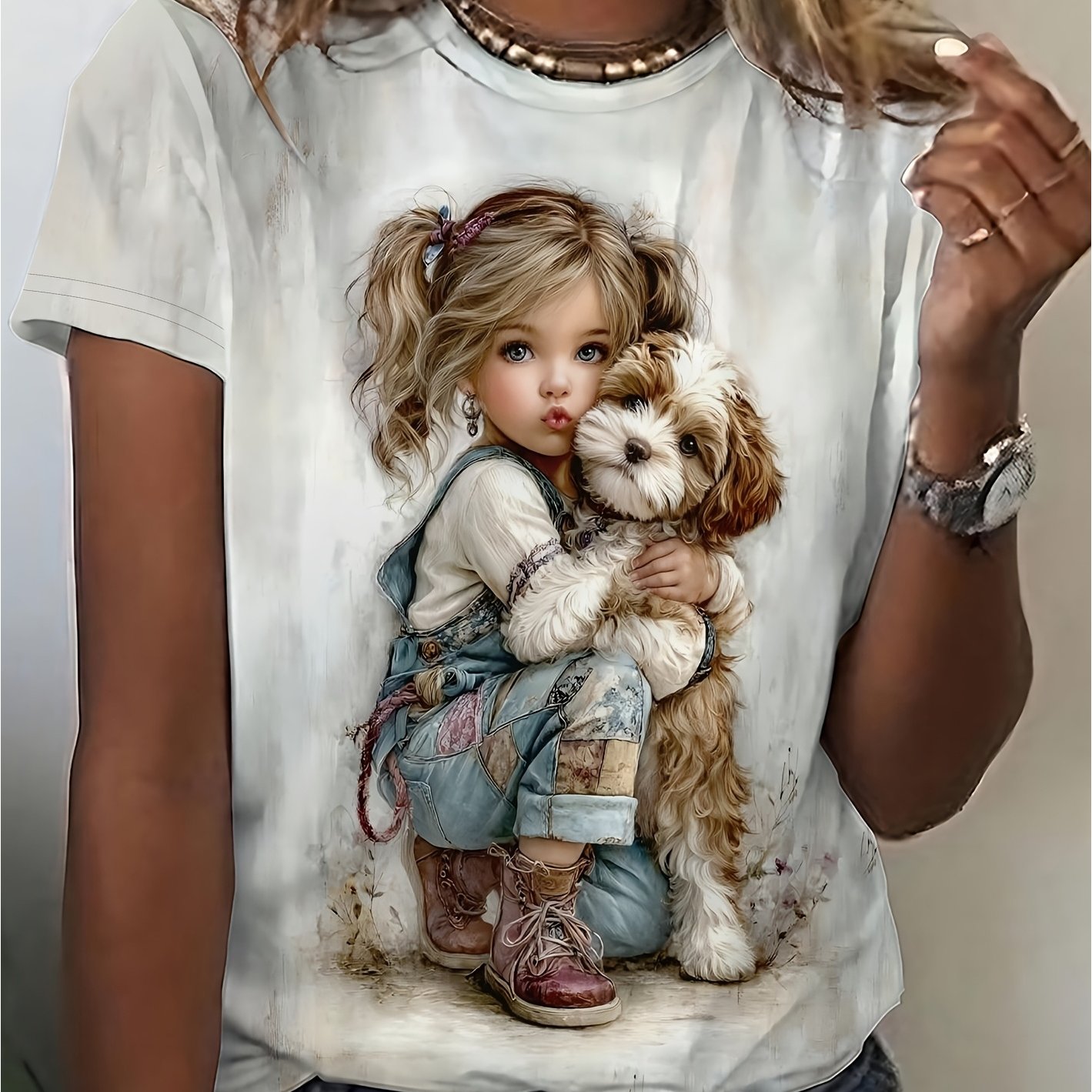 TEMU [printed Design - Not Textured] Gentle And Style Little Hugging A Dog Full-print White Crew Neck Short Sleeve T-shirt For Women, And , Daily