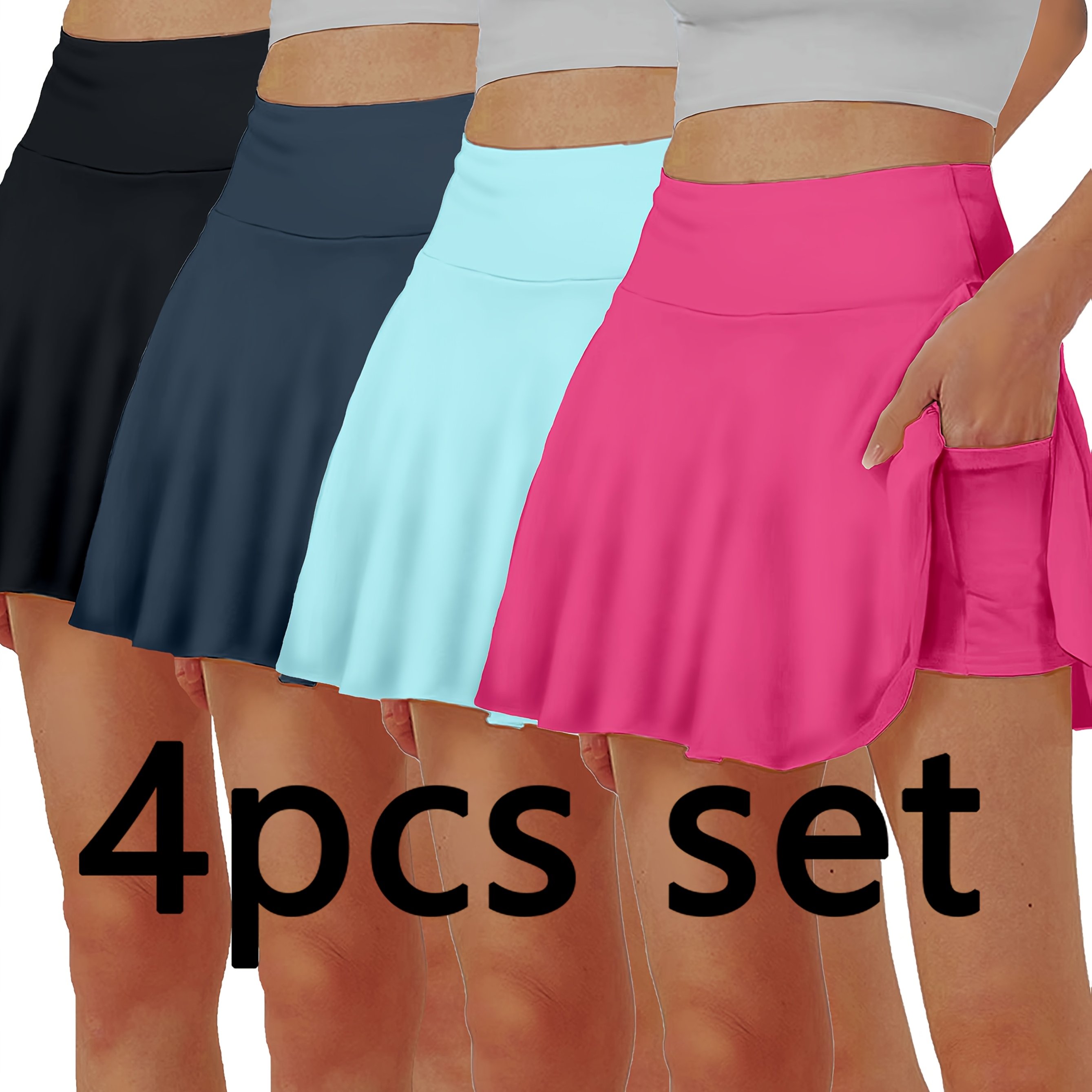 TEMU 4pcs Women' Skirts, Elegant High-waist Summer Skirts With Pockets, Breathable Yoga Skirts With Built-in Shorts, Anti-see-through Running Skirts
