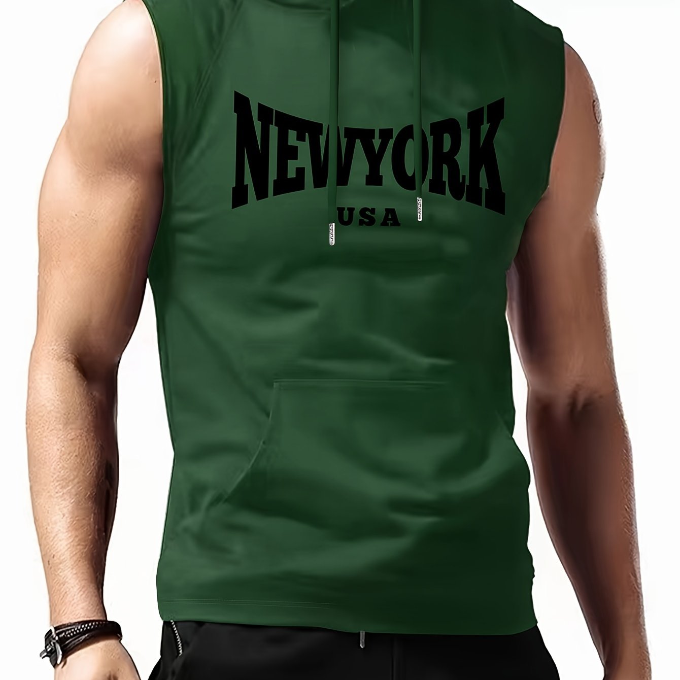 TEMU Men's Fashion Casual Hooded Tank Top – Polyester – Sleeveless Letter Printed Athletic Vest – Black – Summer Wear