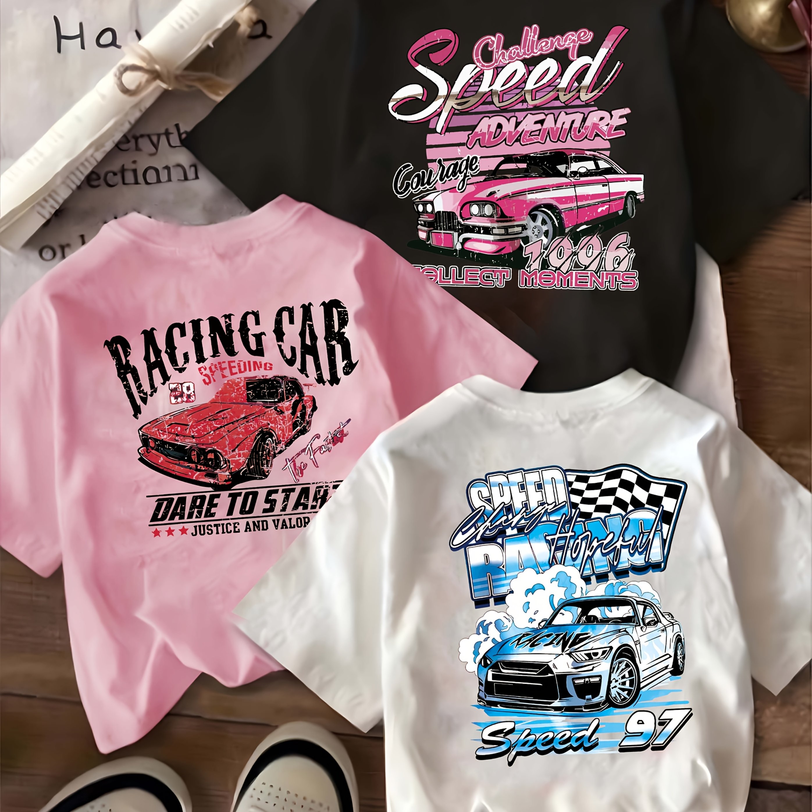 TEMU 3pcs Set Of Casual Car Print T-shirts For Women - "racing Car" & "speed" Designs, Short Sleeve, Slim Fit, , Casual Wear|racing Car