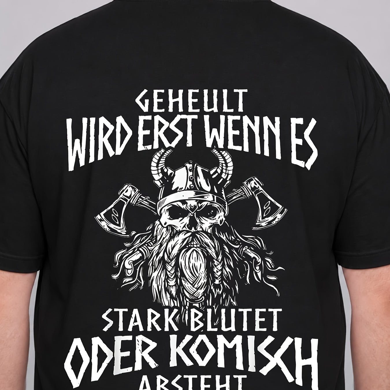 Image of Plus Size Men's Short Sleeve Viking Skull With Graphic T-shirt, Casual Streetwear Style For Daily And Weekend Outfits, Plus Size
