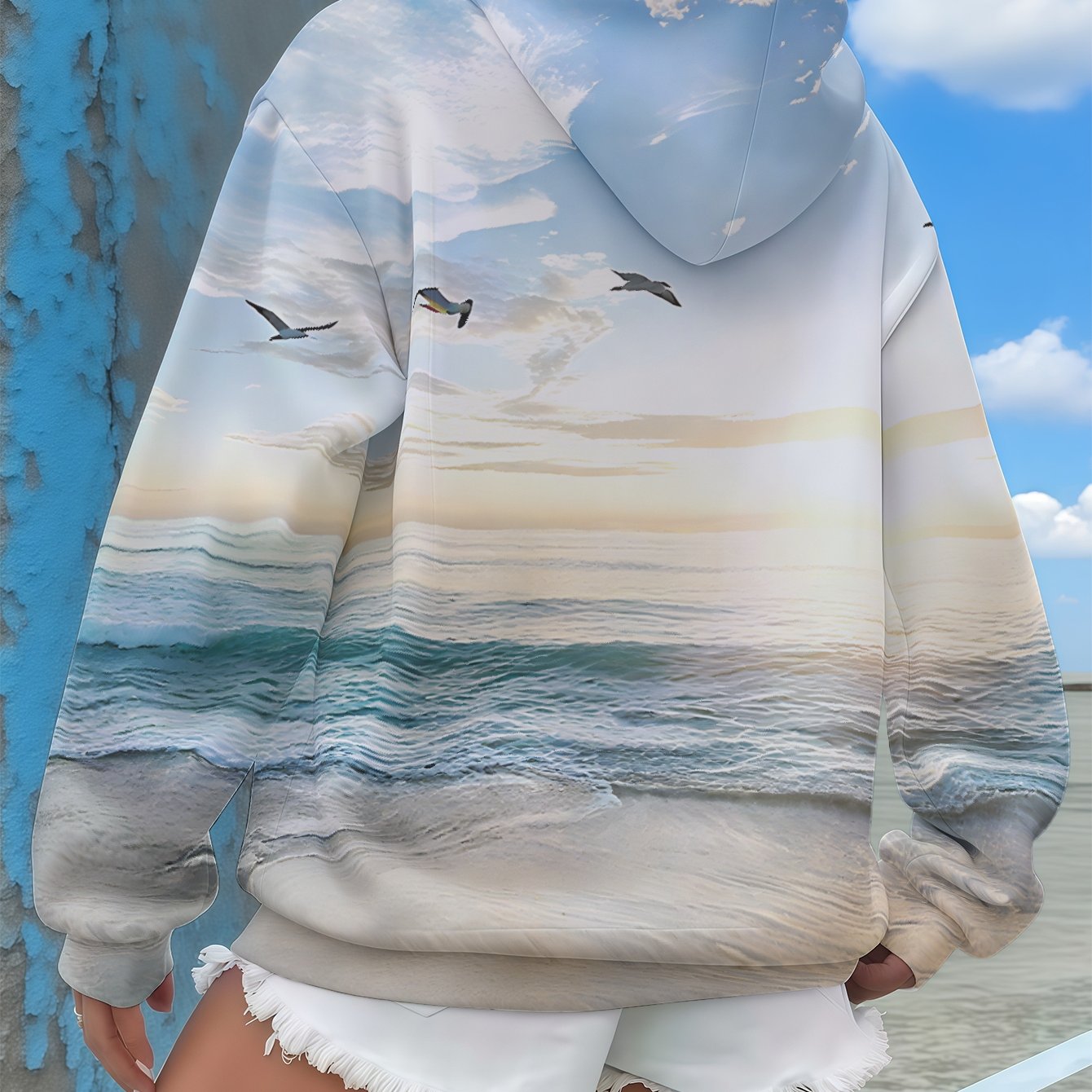 TEMU Plus Size - Plus Size - Women's Plus Size Loose Print Hoodie - Relaxed Beige And Teal Coastal Print Sweatshirt, Soft Pullover Sweater Style Long