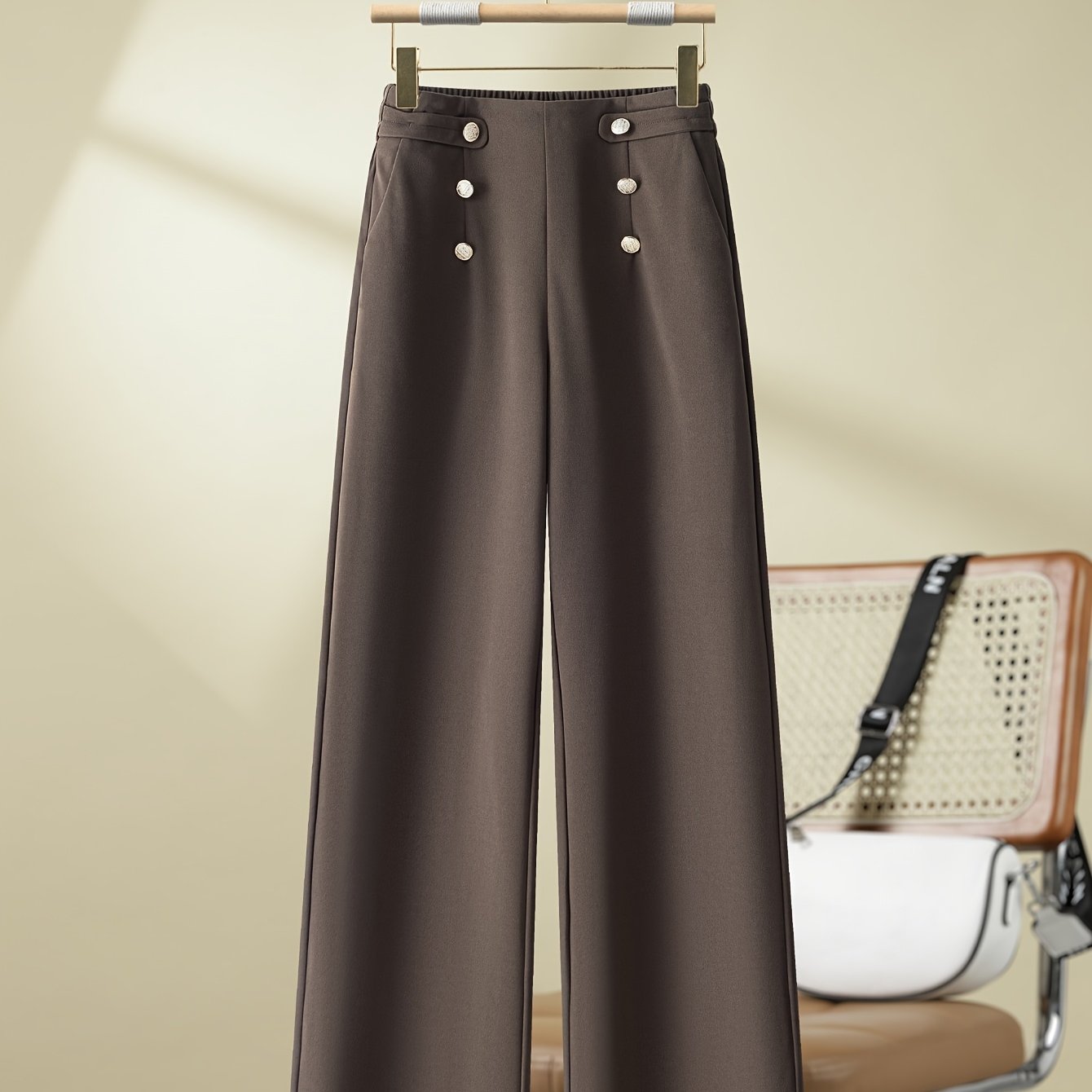 Casual Solid Color Wide-leg Pants, Elegant Middle Eastern Special Edition With Button Details, Women's Long Trousers For Work And Office