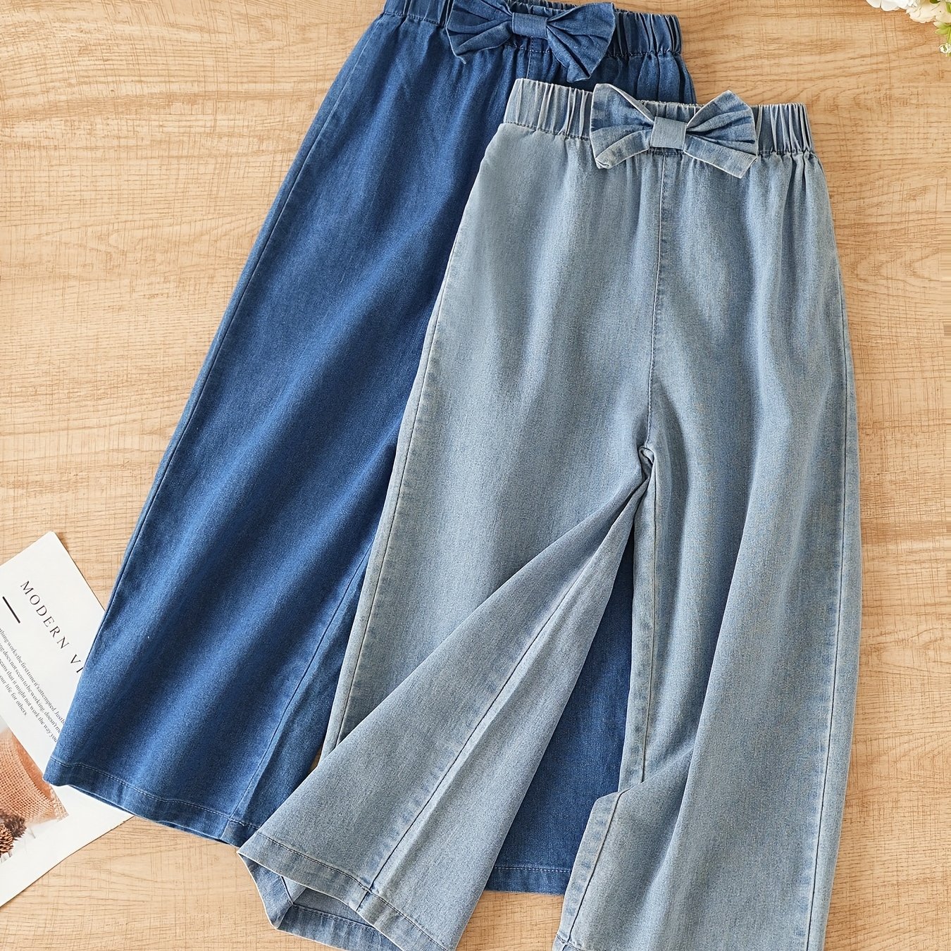 Image of 2pcs 2025 Girls' Wide Leg Pants - Lightweight Chiffon Cropped Trousers 4-7, Summer Casual Solid Color Playtime & Casual Attire