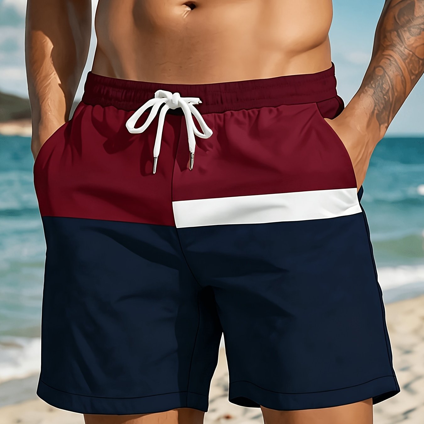 TEMU Men's Beach Shorts, Men's Shorts, Classic Three- Block Pattern Print, Sports Shorts, Lightweight Shorts, Casual Shorts, Knee-length Shorts, With