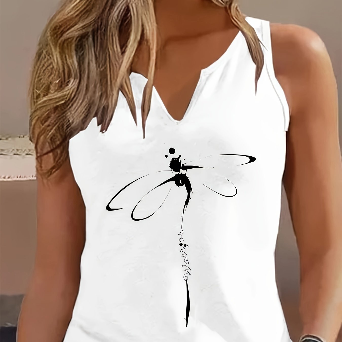 Image of Summer Women's New Dragonfly Print Vest Casual Loose Round Neck T-shirt