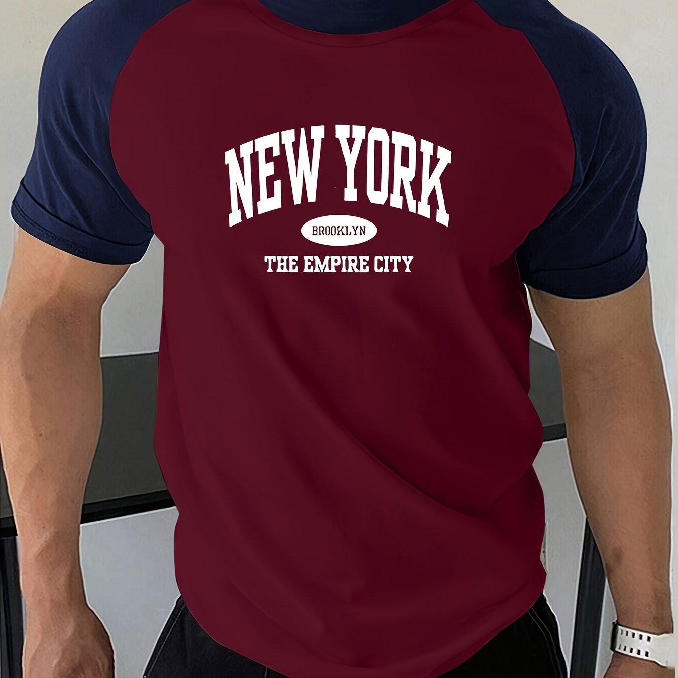 TEMU Men's Casual Short-sleeve T-shirt, Round Neck With Spliced Short Sleeves, Soft And Stylish For Casual Attire