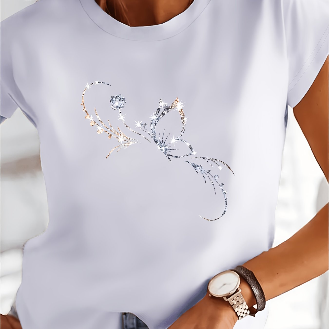 Image of Floral , Printed Effect Round Neck Women's Pure Short Sleeve Breathable Skin-friendly Non-sweaty Optional Daily Wear