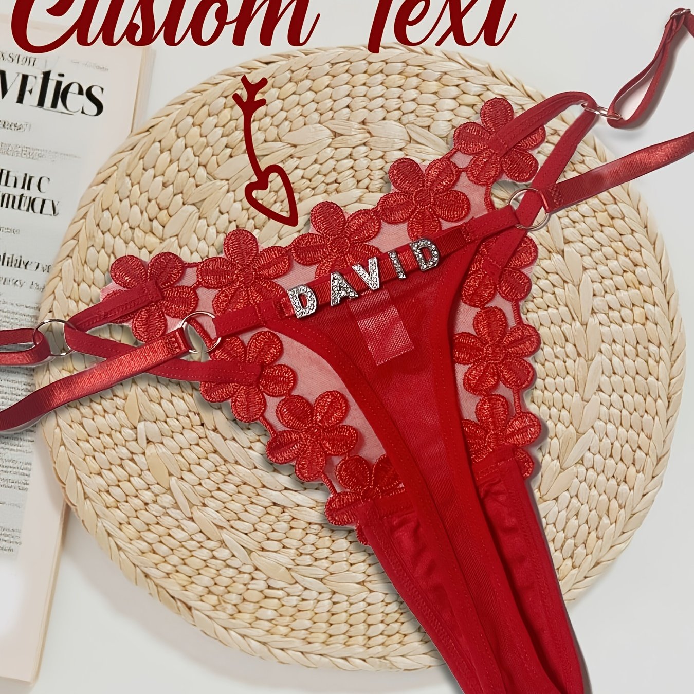 Image of 1 Custom Engraved "david" Red Lace G-string Thong With Floral Embellishments | Personalized Women's Underwear, Unique Gift Idea For , Ideal For , Festive Gift | With Contrast Lace Trim