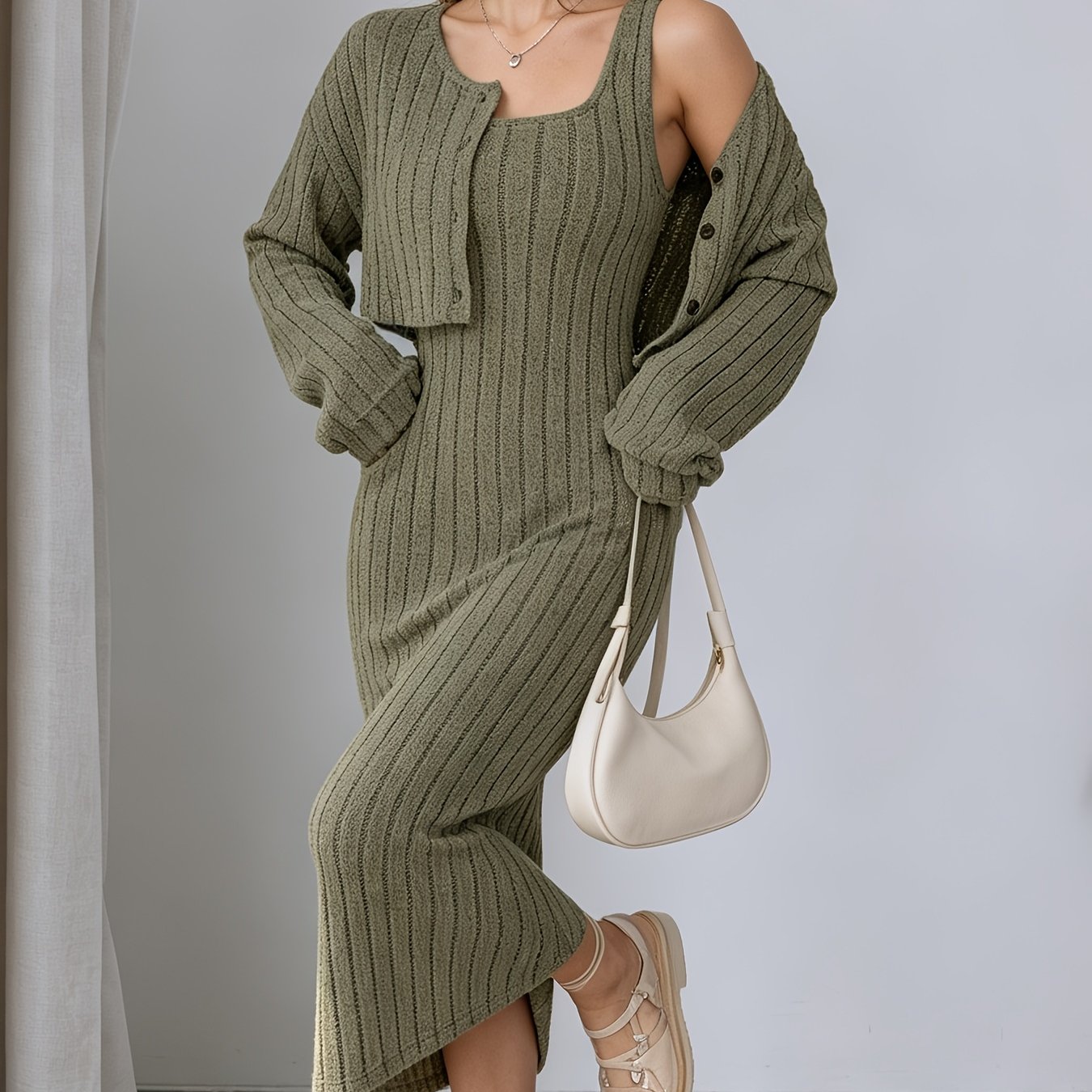 TEMU Spring/autumn Women's Dress, Off-shoulder Maxi Dress + Slim Fit Cardigan Two-piece Set, Essential For Work, Dates, And Commuting, Elegant And
