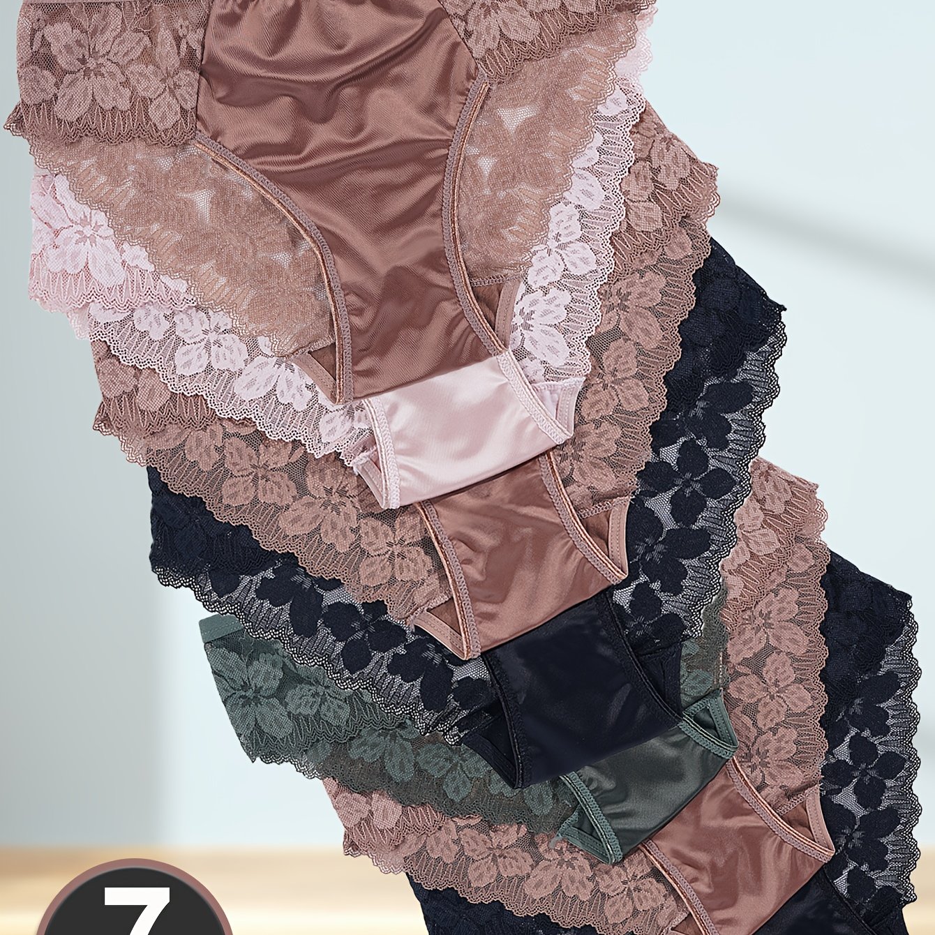 E-shop 7 Stück Damen Blumen-Spitzen-Satin-Slips – Halbtransparente, mittelhohe Patchwork-Unterwäsche mit Kontrastspitze, einfarbig, sexy & stilvoll für