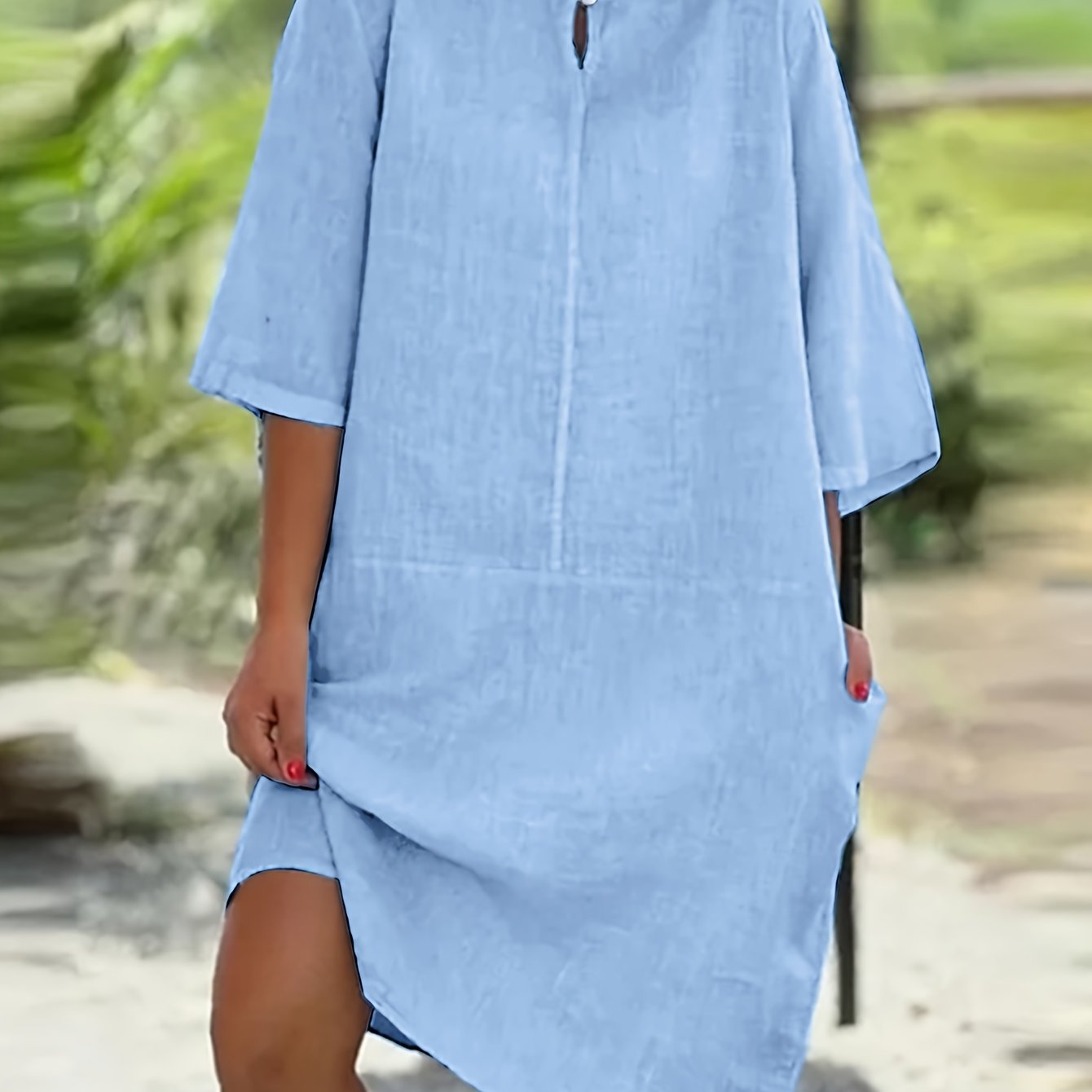Loose Solid Color Round Neck Half Sleeve A-line Straight Dress