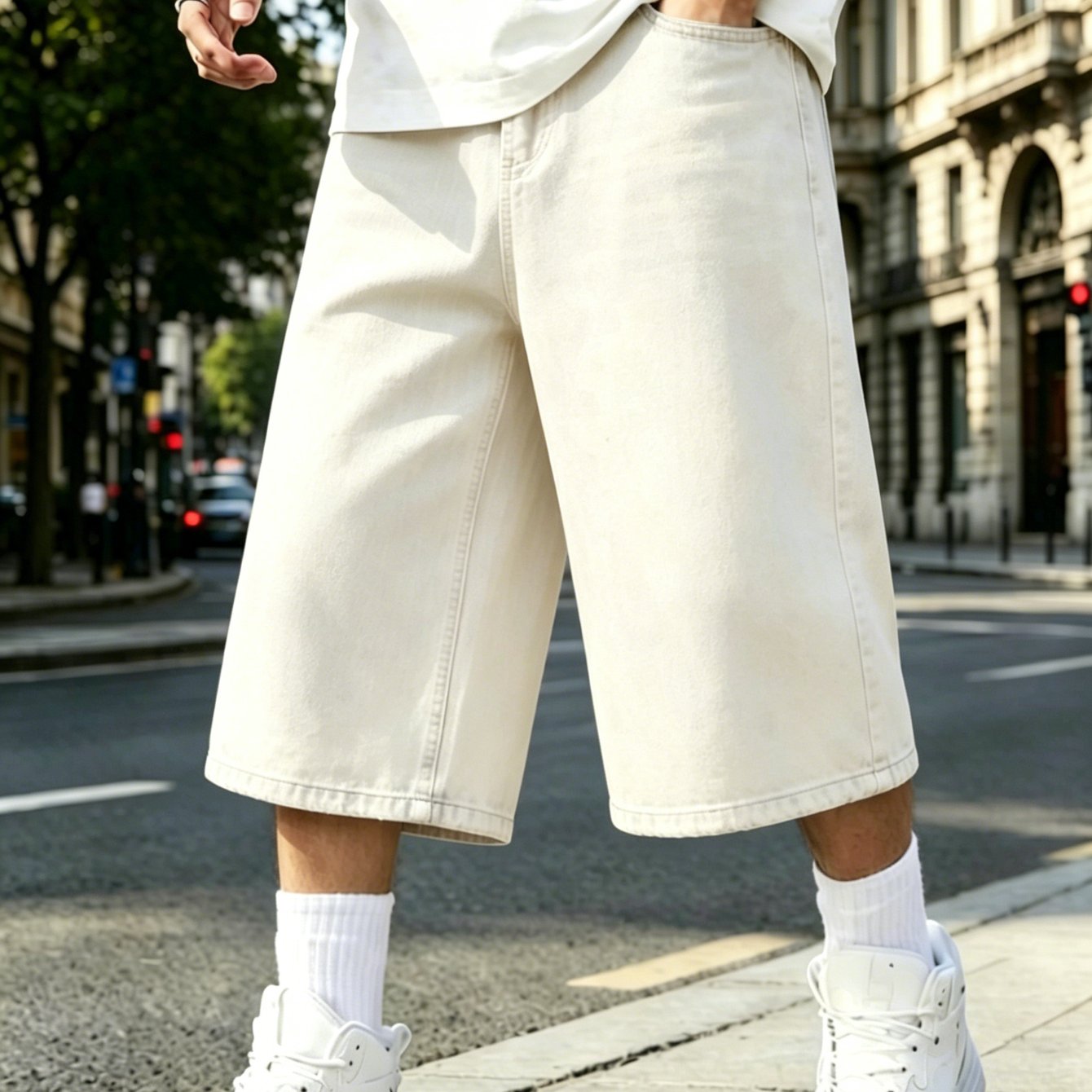 7- Men Wide Leg Cropped Polyester Trousers Washed Easy Loose Daily All Match Casual Denim Capri Pants