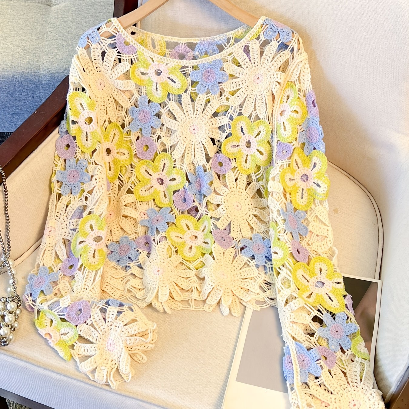 E-shop Bohemian Style Häkel-Spitze Rundhals Damen Frühlings- und Herbst- Multicolor Blumen Top