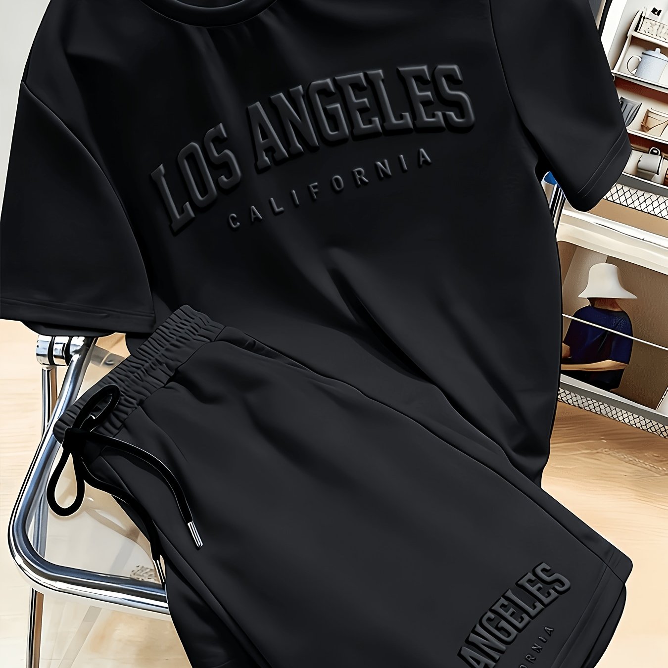 TEMU Los Angeles Print Men's Short Sleeve Shorts Set, Summer Lightweight 3d Embossed Sportswear, Wear 2pcs Set