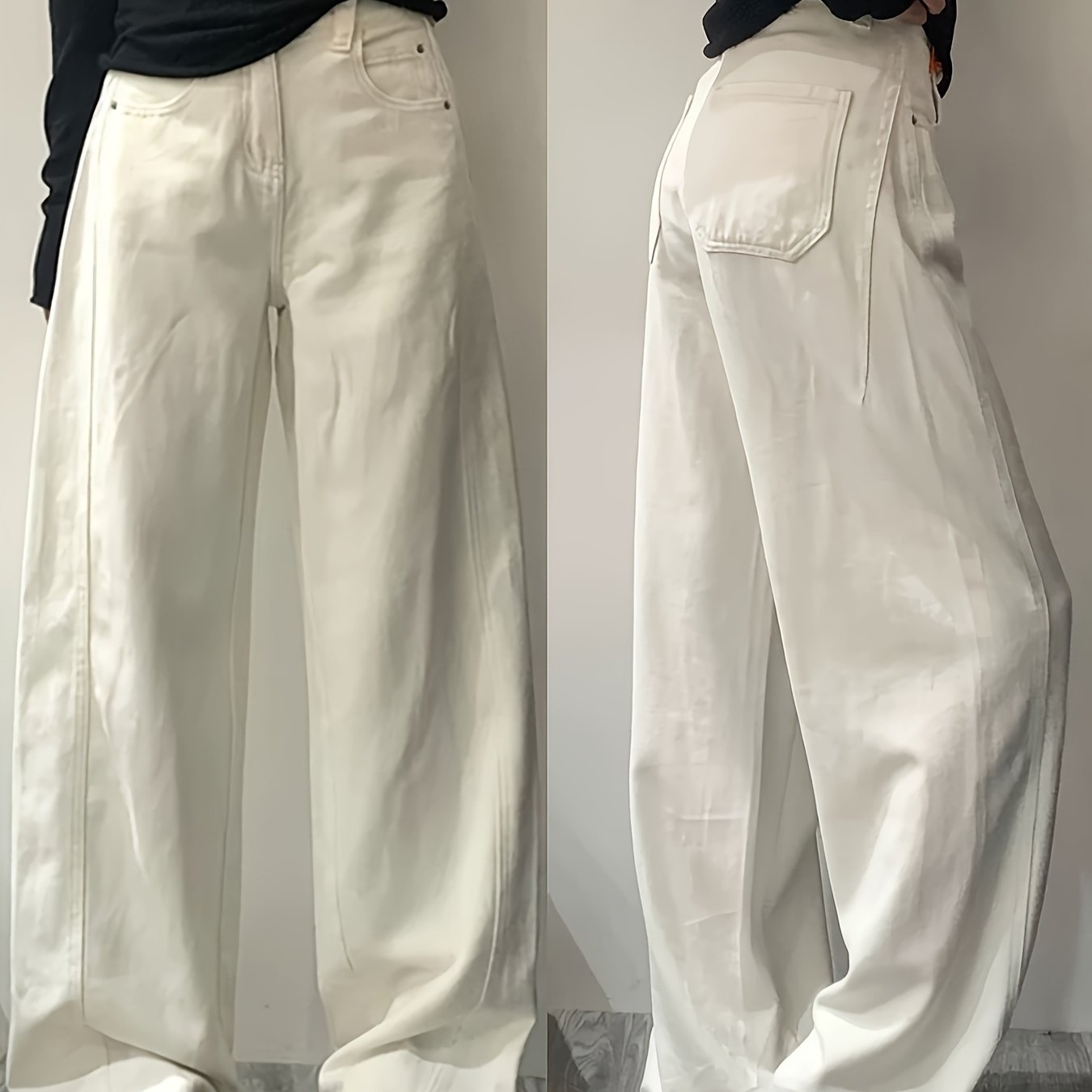 TEMU 大サイズのレディースハイウイドレグジーンズ - コンフォートストレートフィット、非ストレッチデニム素材、アディテール付き、四季用の機械洗い可能なホワイトカジュアル長ズボン