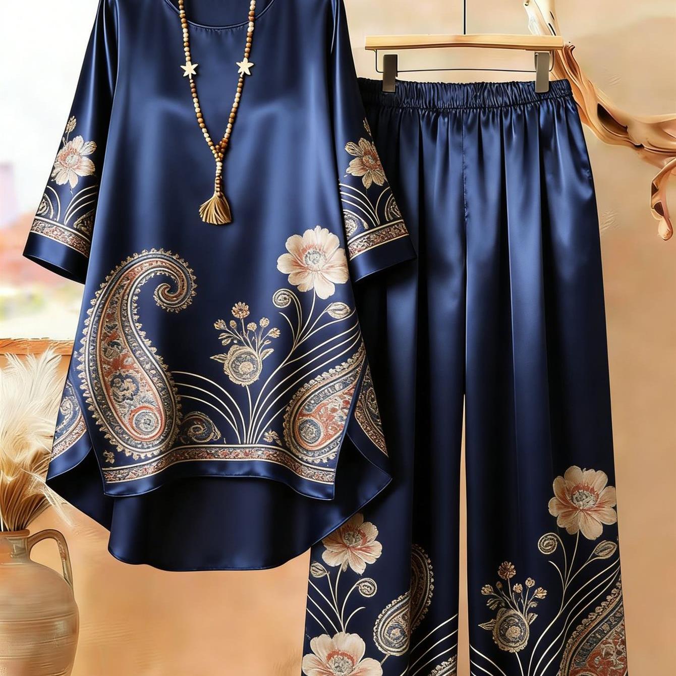 Image of Plus Size, Plus Size Satin 2pcs Matching Set Vintage Paisley Floral Print Loose Irregular Blouse Wide Leg Pants Casual Outfit For Women
