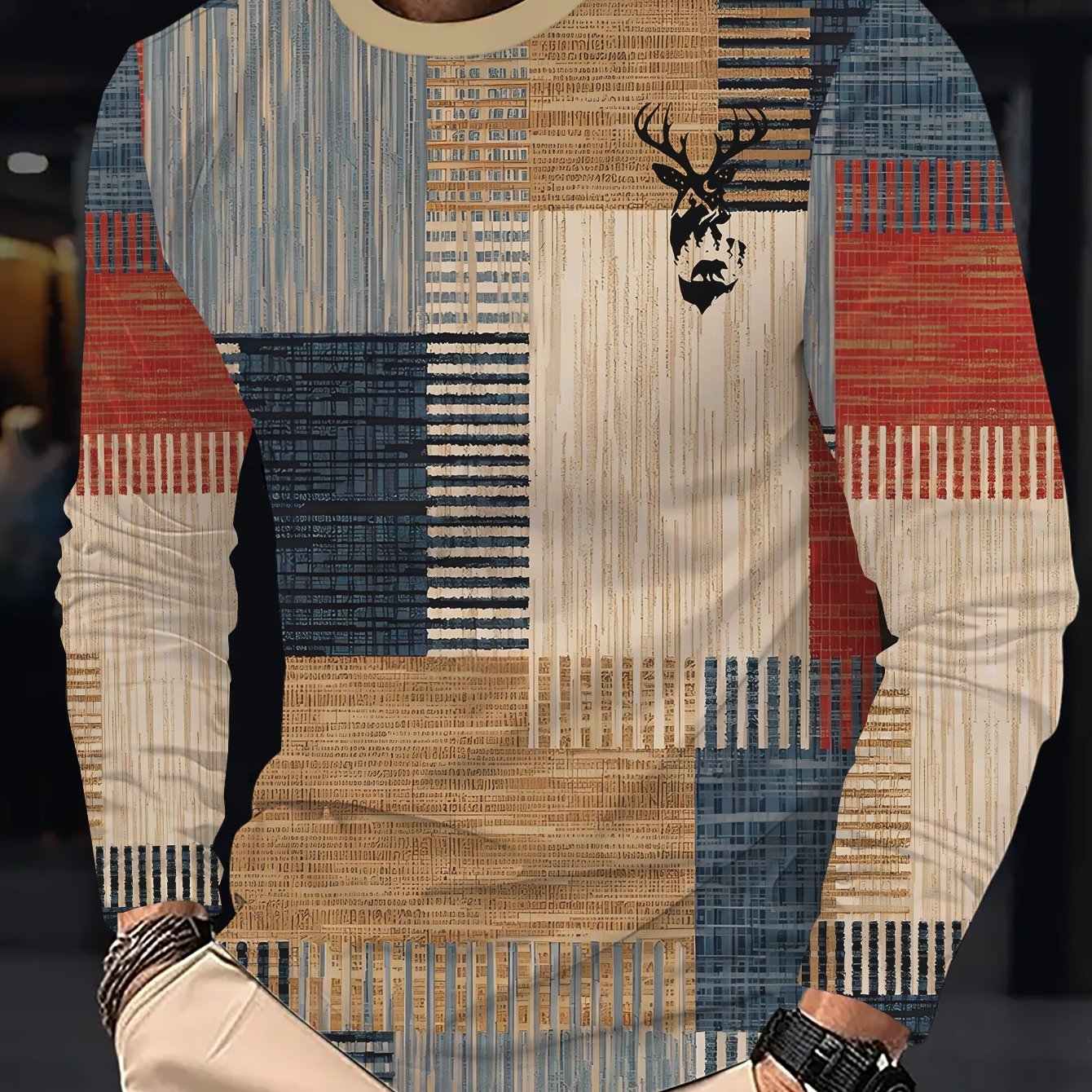 Image of Men's Casual Deer Head Print - Digital 3d Print Spliced Contrasting Shirt - Breathable Long Sleeve Top, Contrasting Collar, Machine Washable Regular Fit, Fashionable Design | Durable Fabric