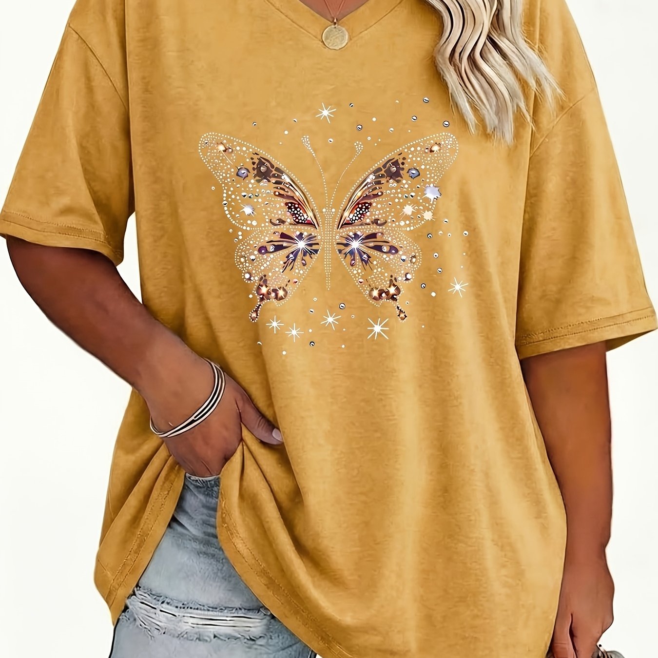 TEMU Plus Size, Plus Size Women's V-neck Geometric Pattern T-shirt