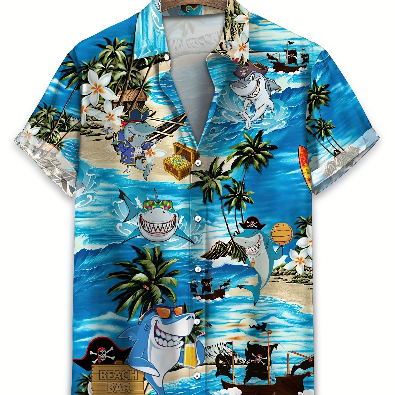 Image of Men's Plus Size Tropical Hawaiian Shirt - Vibrant Flamingo & Cowboy Print, Short Sleeve, Casual Button-up In Lightweight Polyester For Summer , Plus Size