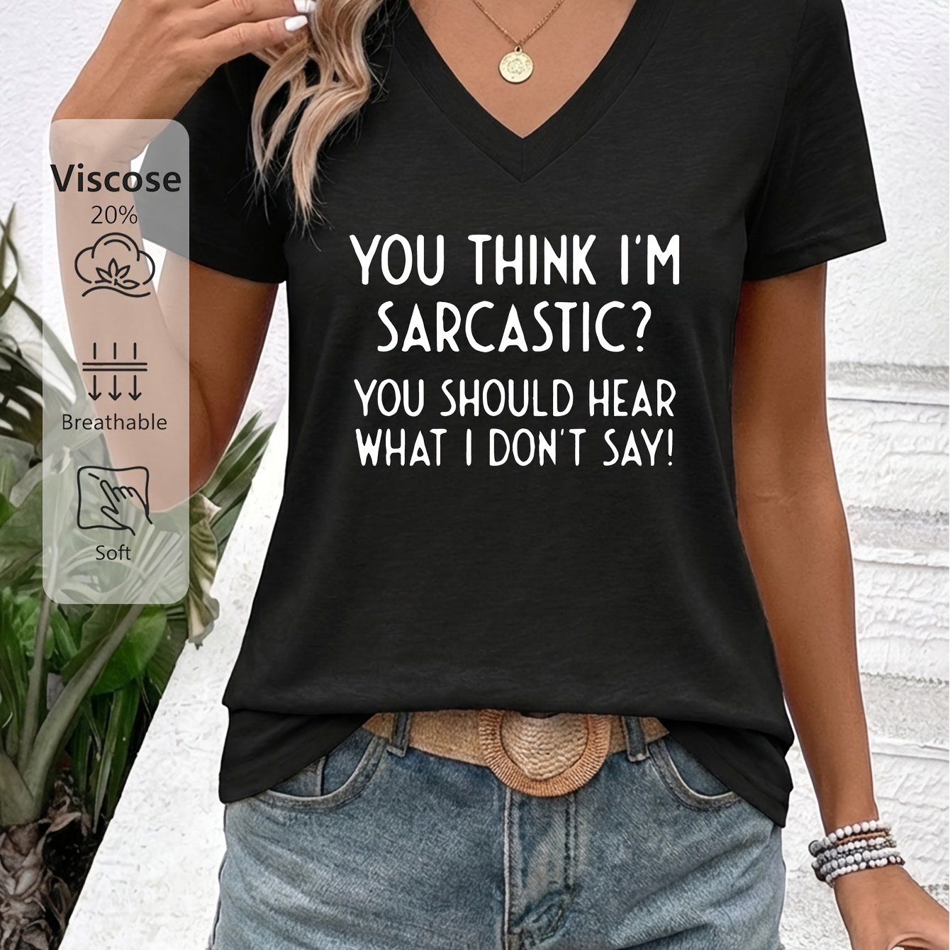 TEMU Women's Soft Breathable V-neck Short-sleeve T-shirt - Suitable For Daily Commuting & Casual Wear, Humorous & Satirical Print Blouse Style Top,