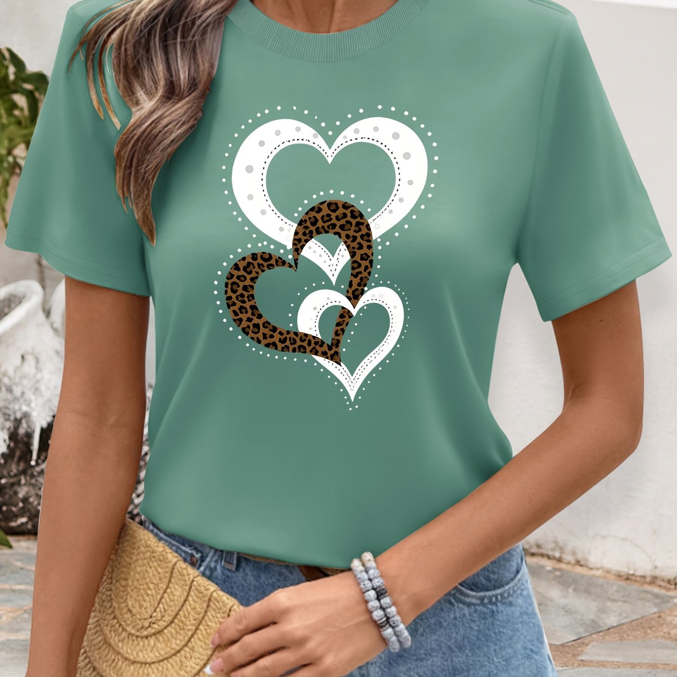 Women's Short Sleeve T-shirt - 2 White Hearts & Leopard Print Design, Breathable Round Neck Casual Top, Machine Washable Spring Summer Fashion Essential, Ladies T Shirts