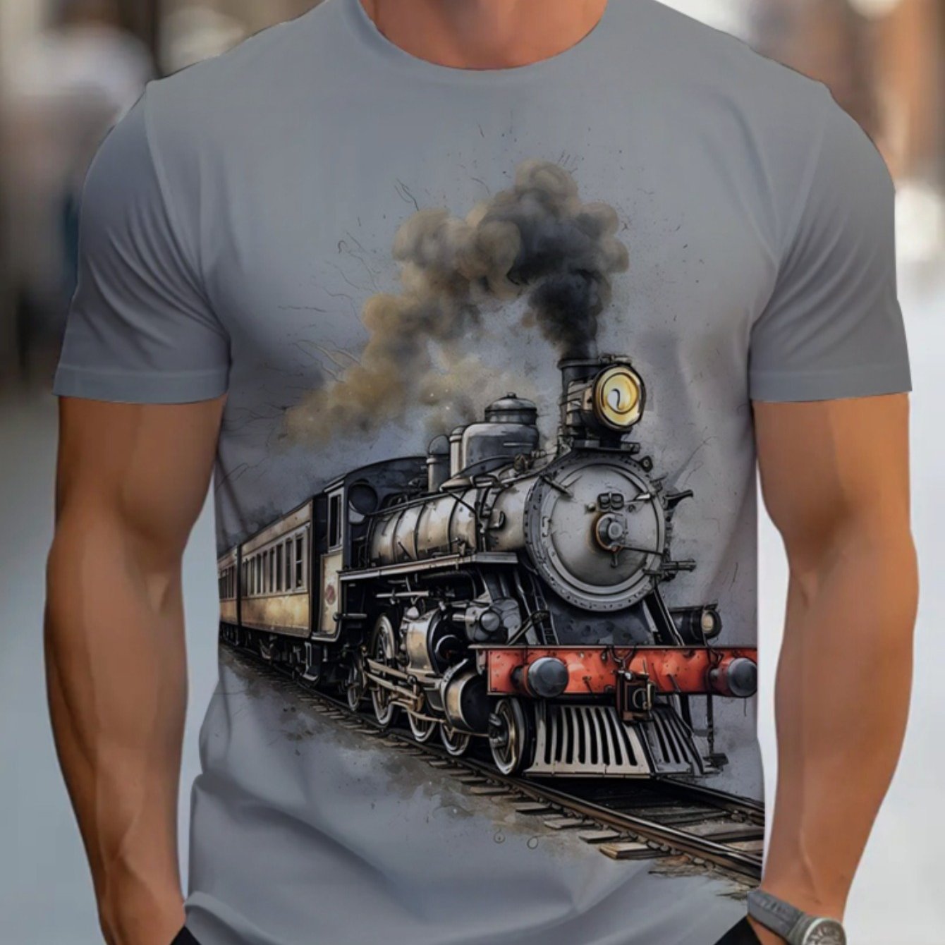 TEMU Men's Polyester Fashion Short Sleeve T-shirt With Vintage Steam Train Graphic, Lightweight And For Casual Wear At Home, Office, Or Outdoor