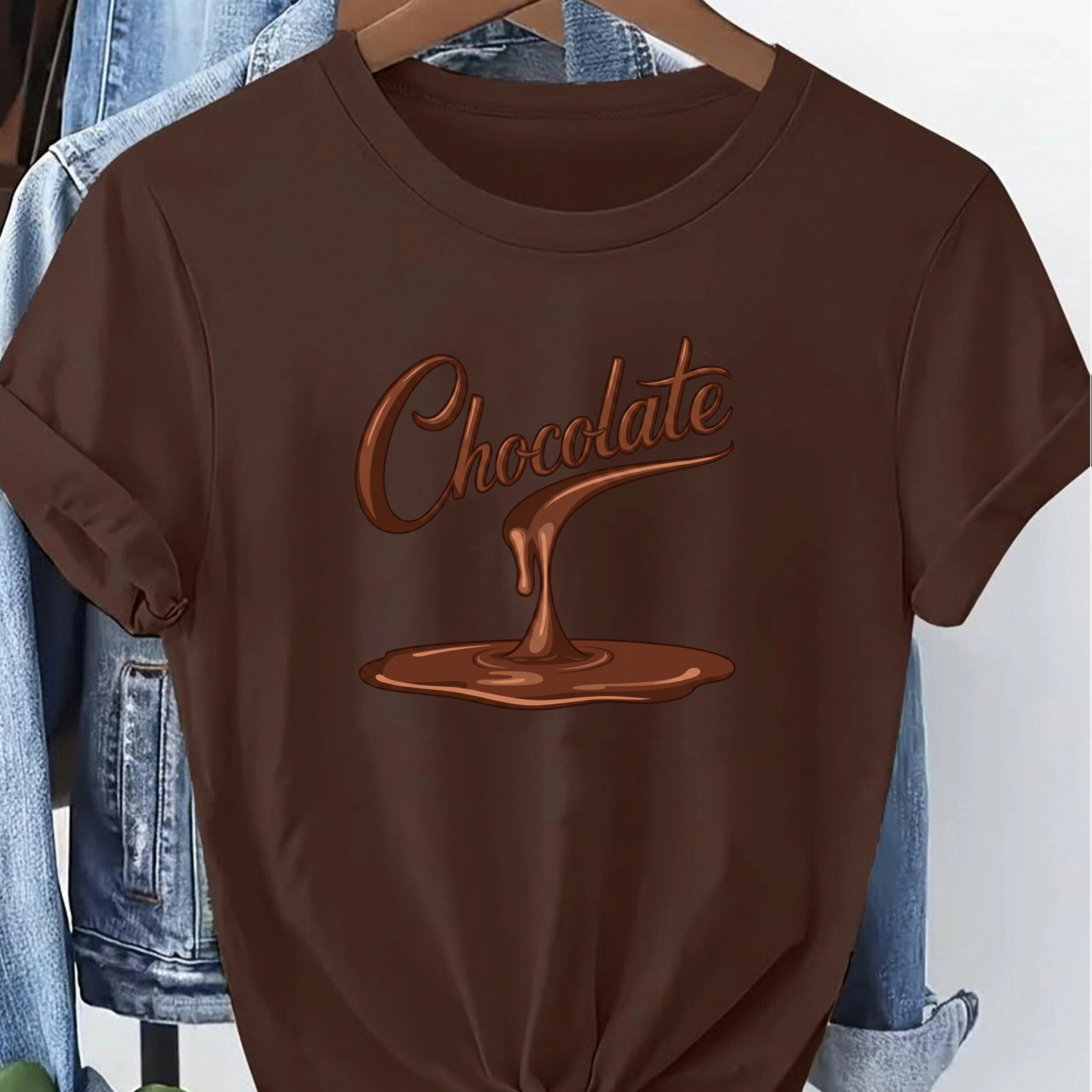 TEMU Women's Chocolate Print T-shirt, Casual Round-neck Short-sleeve Shirt