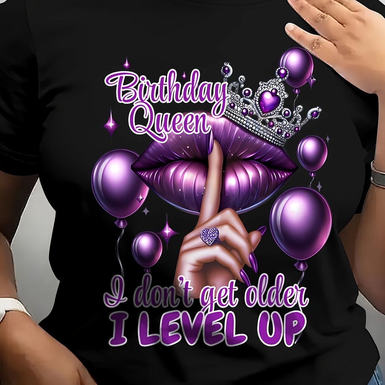 TEMU Women's Birthday Queen Letter Print Short Sleeve Round Neck T-shirt - Casual Semi-sheer Blouse Suitable For Parties & Casual Attire - Machine