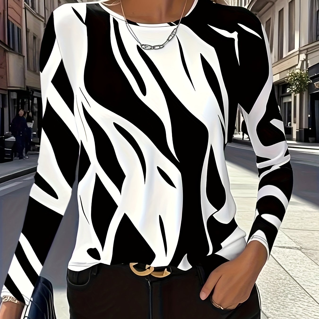 Image of New Fashionable And Elegant Zebra Print Round Neck Long Sleeve T-shirt For Women, Suitable For Summer, Autumn, And Winter