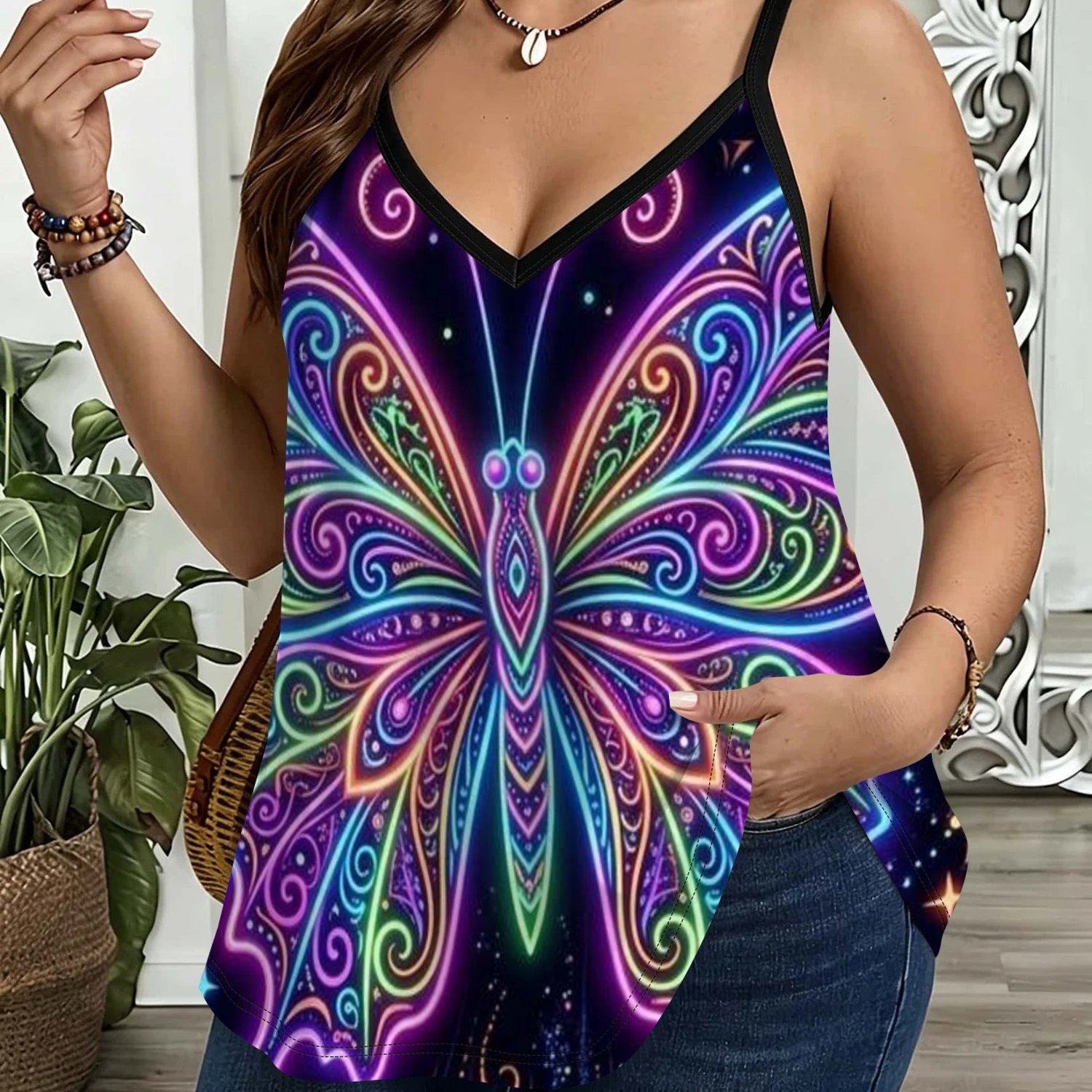 TEMU Plus Size, Neon Psychedelic Print Plus-size Tank Top, Design, , Suitable For Daily Outfits, Parties, And Other Occasions, A Touch Of Fantasy To