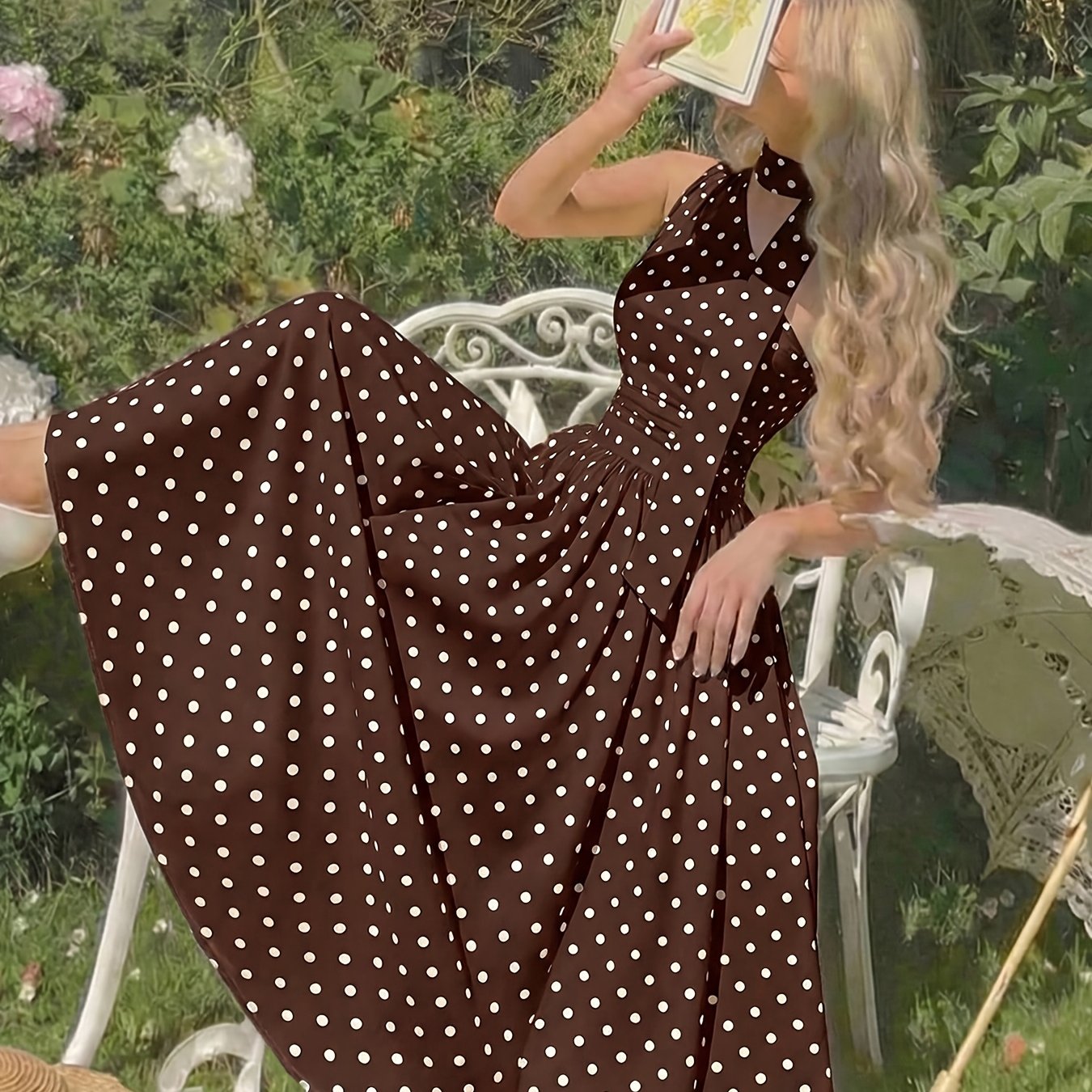 TEMU Women's Elegant Polka Dot Print Sleeveless Midi Summer Dress, Stretchy Top And Non-stretch Skirt Elegant Dress, Suitable For Parties, Vacations,