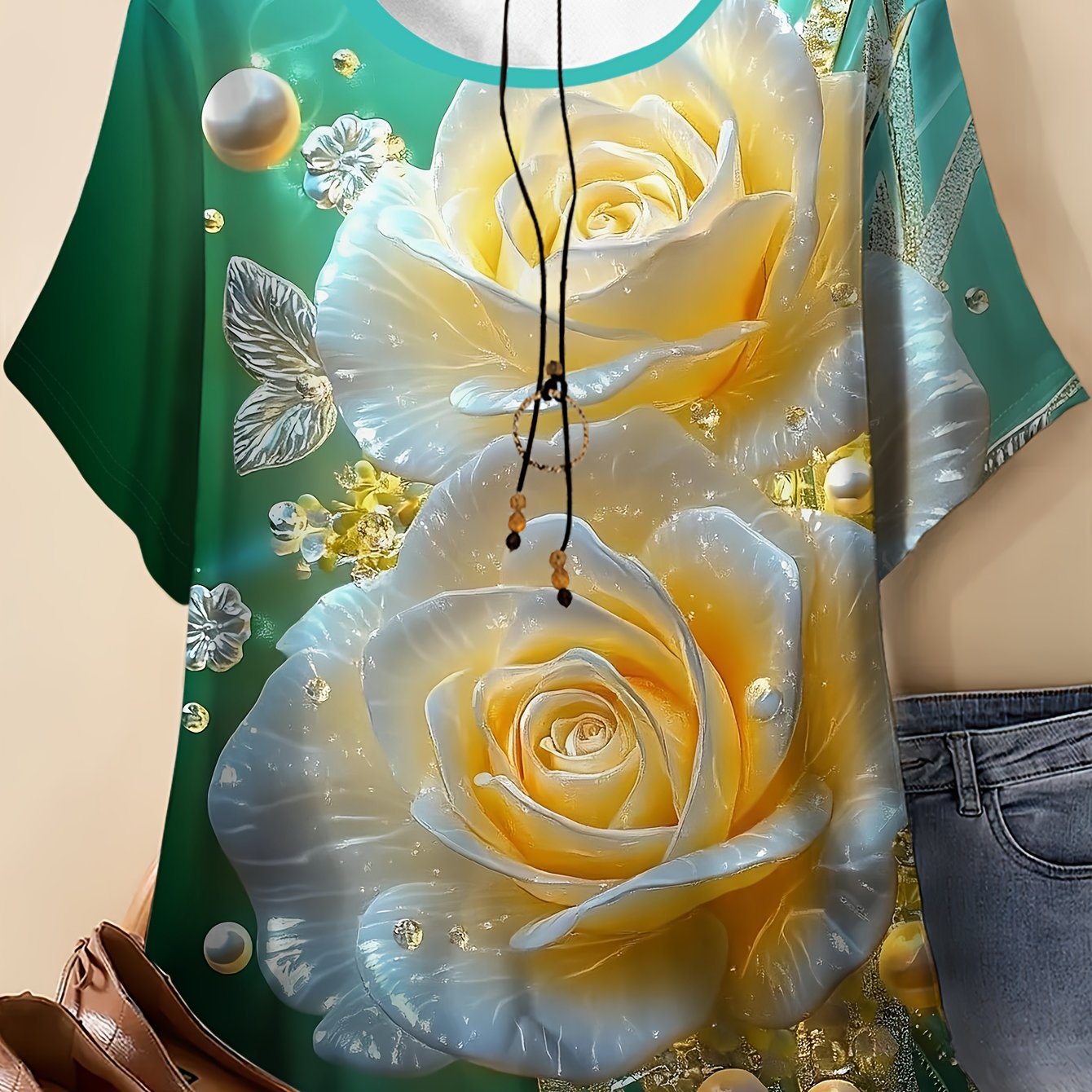 TEMU Plus Size, Plus Size Women's T-shirt With Printed Design, Round Neck Short Sleeve Summer Top Featuring Rose And Pearl Print, Fresh Gradient