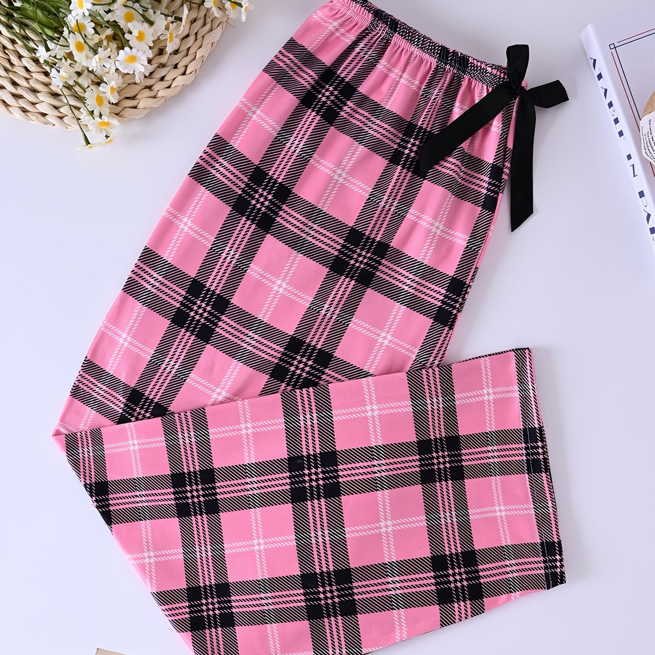 TEMU Women's Plus Size Pink Sleep Pants With Bow Detail - Elastic Waist, Comfortable Lounge Wear, Elastic Waist, , Leisure Style