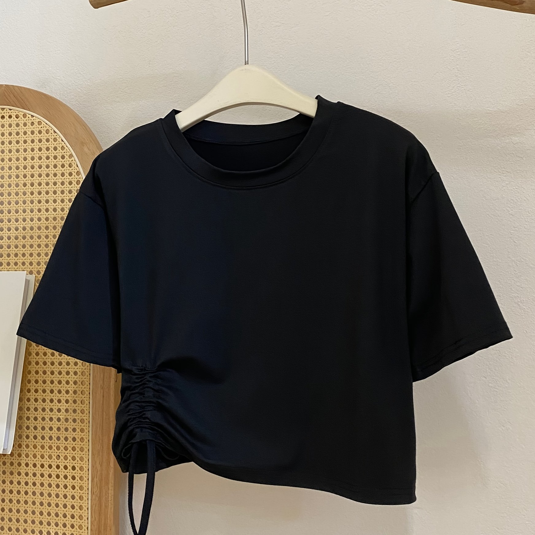 TEMU 1pc New Women' Color Drawstring Short Round Neck T-shirt