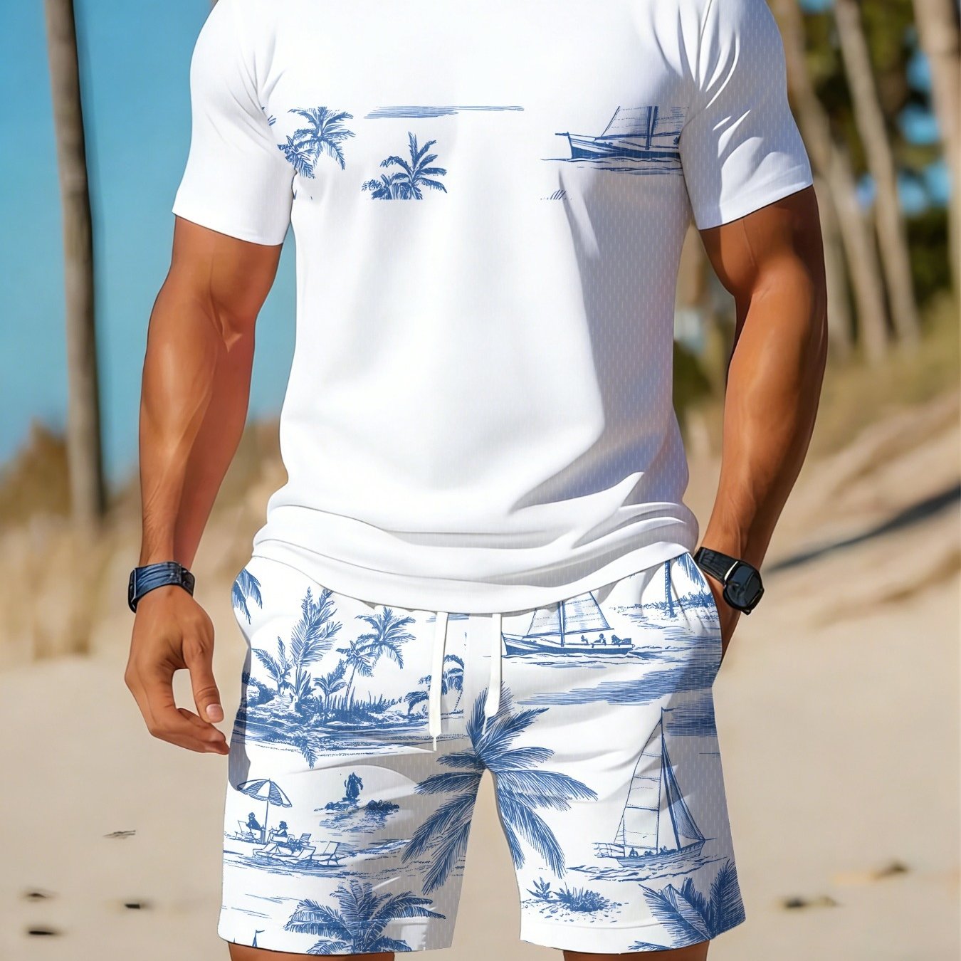 Casual Athletic Set Breathable Outdoor Leisure Men's Round Neck T-shirt Shorts Set Summer Printed Set Men Adult