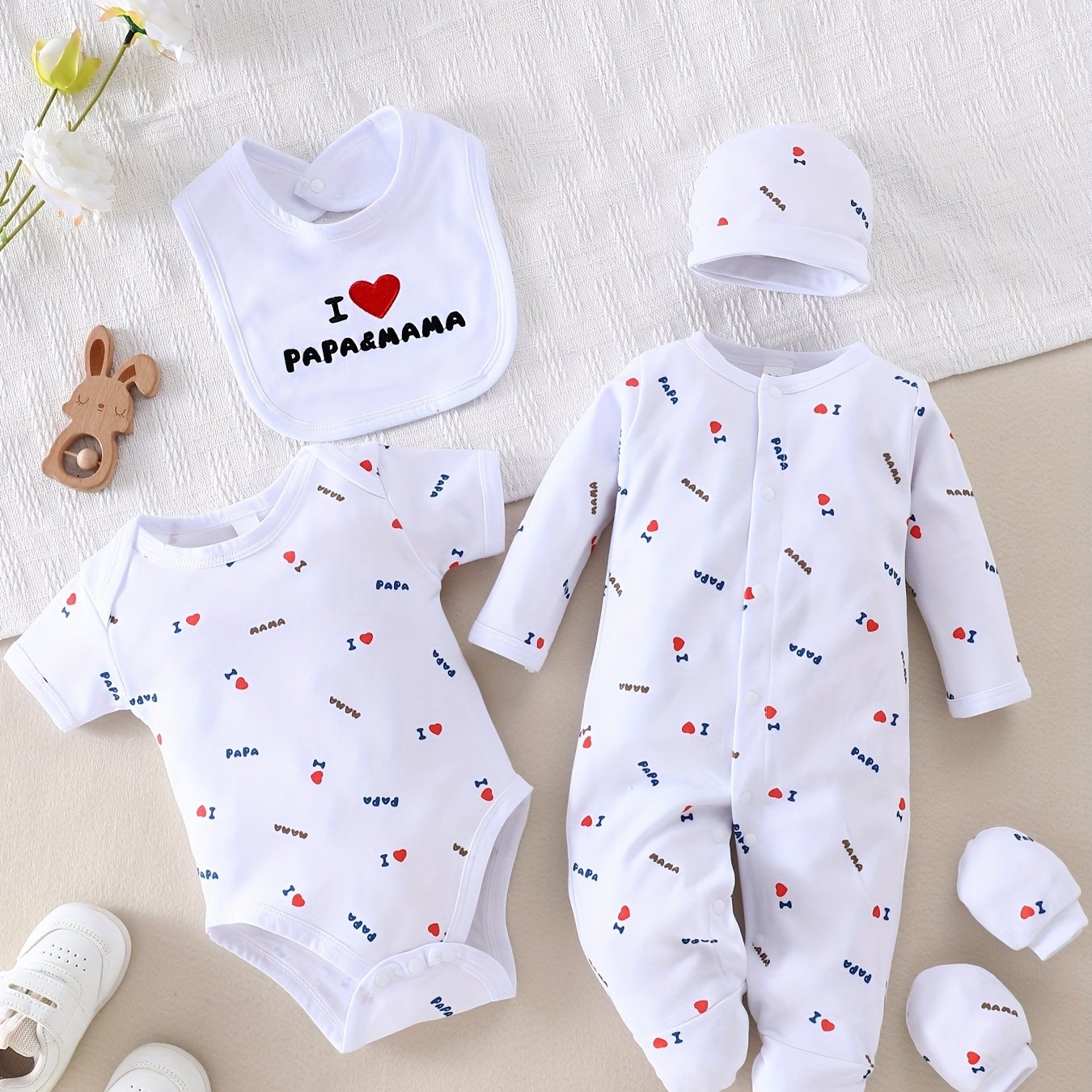 Image of 5pcs " And Mama" Embroidered Newborn Baby Clothes Set, White Bodysuit + Short-sleeve Romper + Hat + Mittens + Bib, Neutral Unisex Gift Set For 0-9 Months, , Perfect For Outdoor