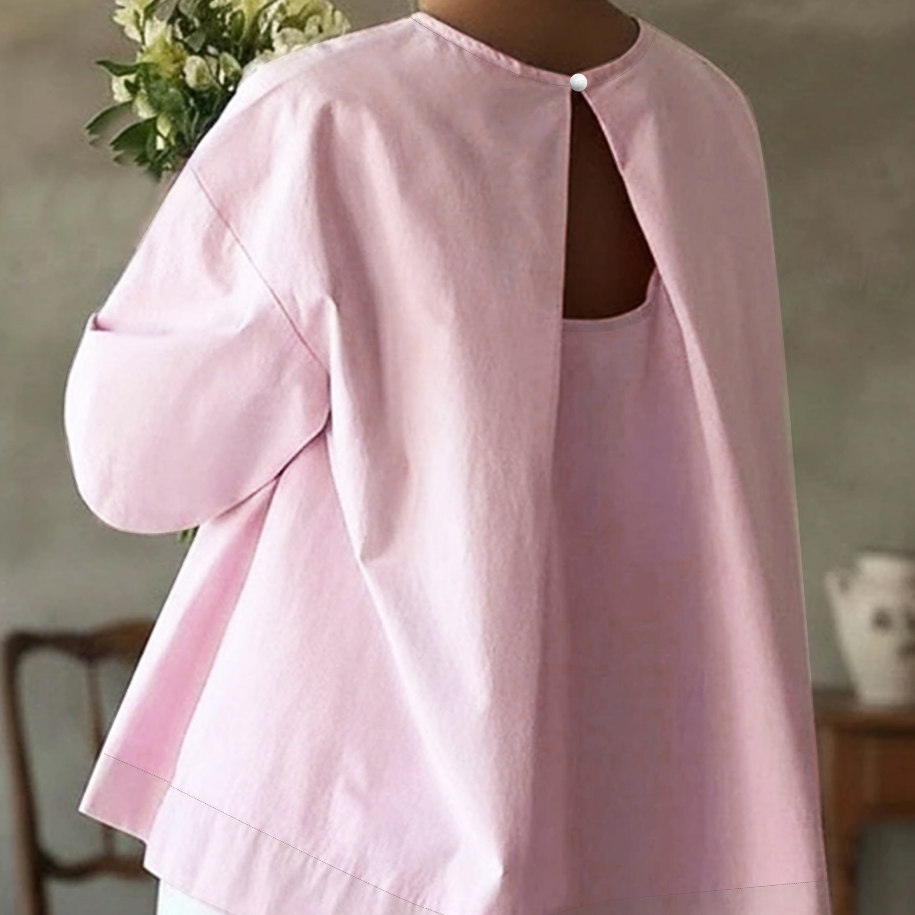 TEMU Fashionable Solid-color Loose-fit Round-neck Top With Back Cut-out Design, Three-quarter Sleeves, Designed To Conceal And Slim The Figure,