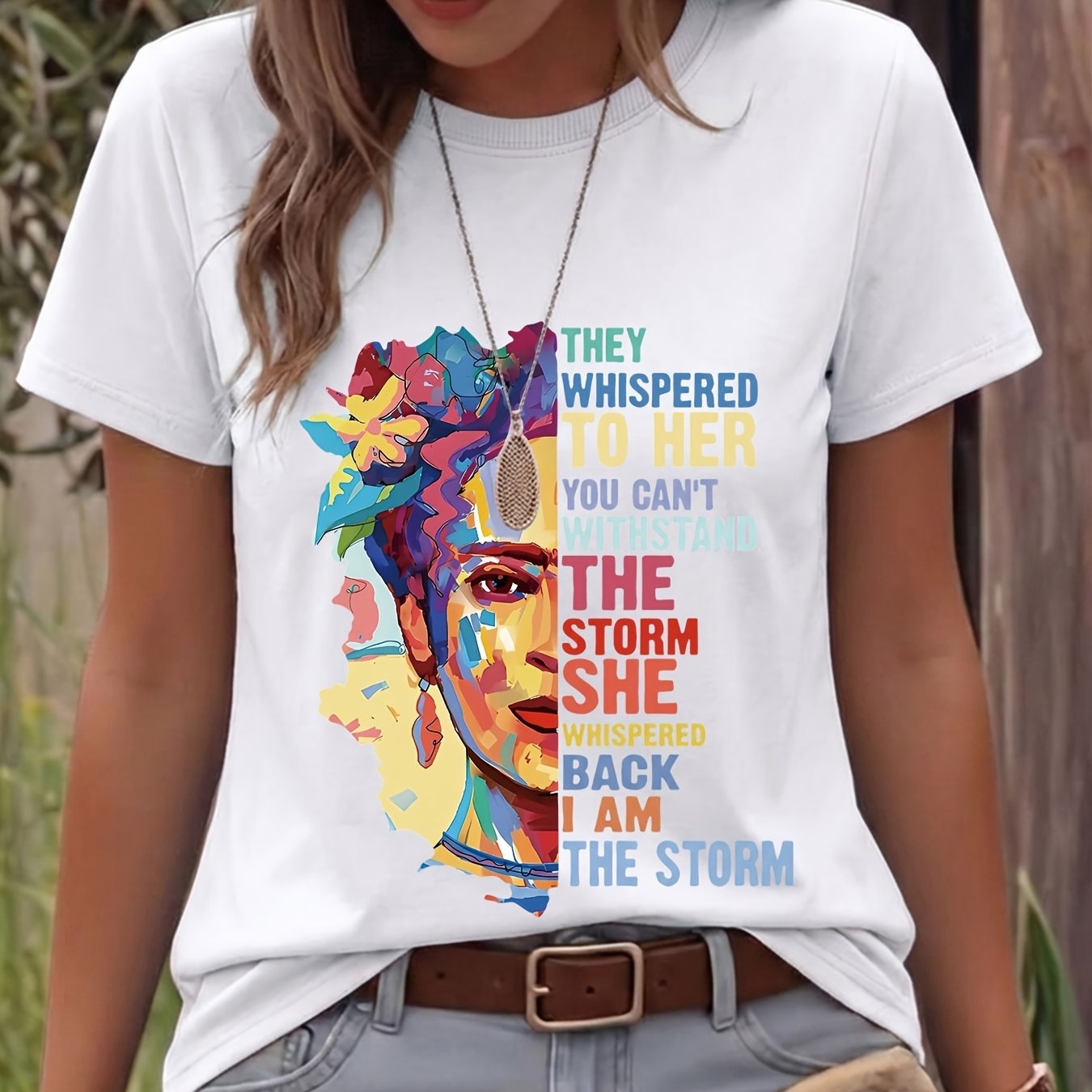 Plus Size, Summer Casual Women's Top, , Floral Print, Portrait " To Her You" Printed Round Neck Short Sleeve T-shirt, 1