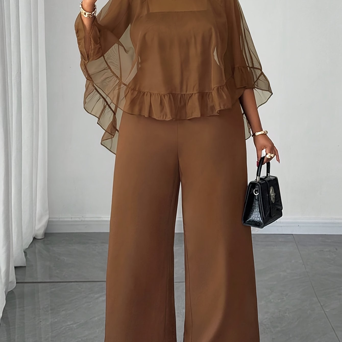 TEMU Plus Size, Spring And Summer New Plus Size Women's Brown Mesh Hood 2pcs Set With Suspender And Wide Leg Jumpsuit, Fashionable And Versatile For