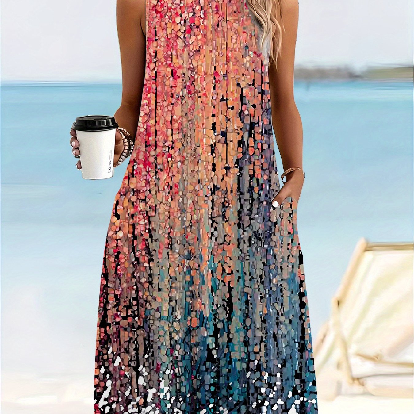 Plus Size, European And Casual Sleeveless Pocket Round Neck Printed Tank Dress