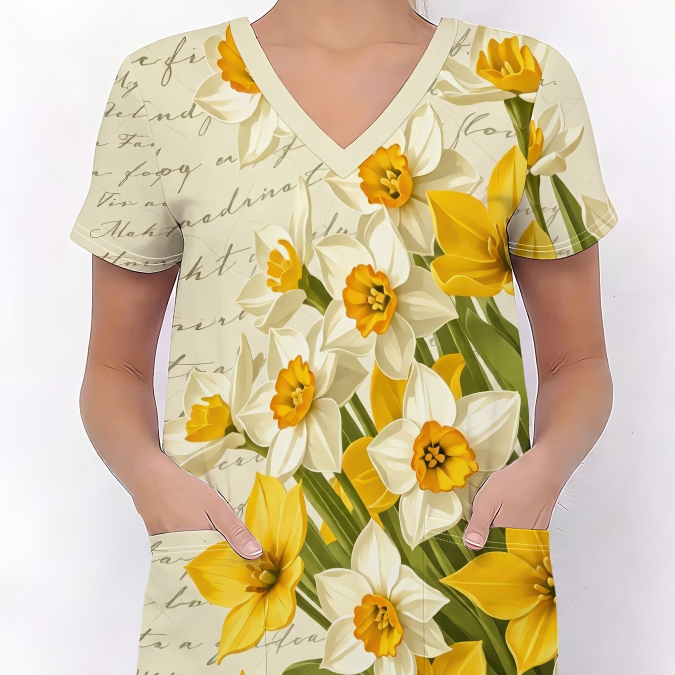 TEMU Plus Size - A Plus Size Women's Uniform Top, Print, White Background, 2 Pockets, V-neck, Vintage Daffodil Floral Print Plus Size Women's Uniform