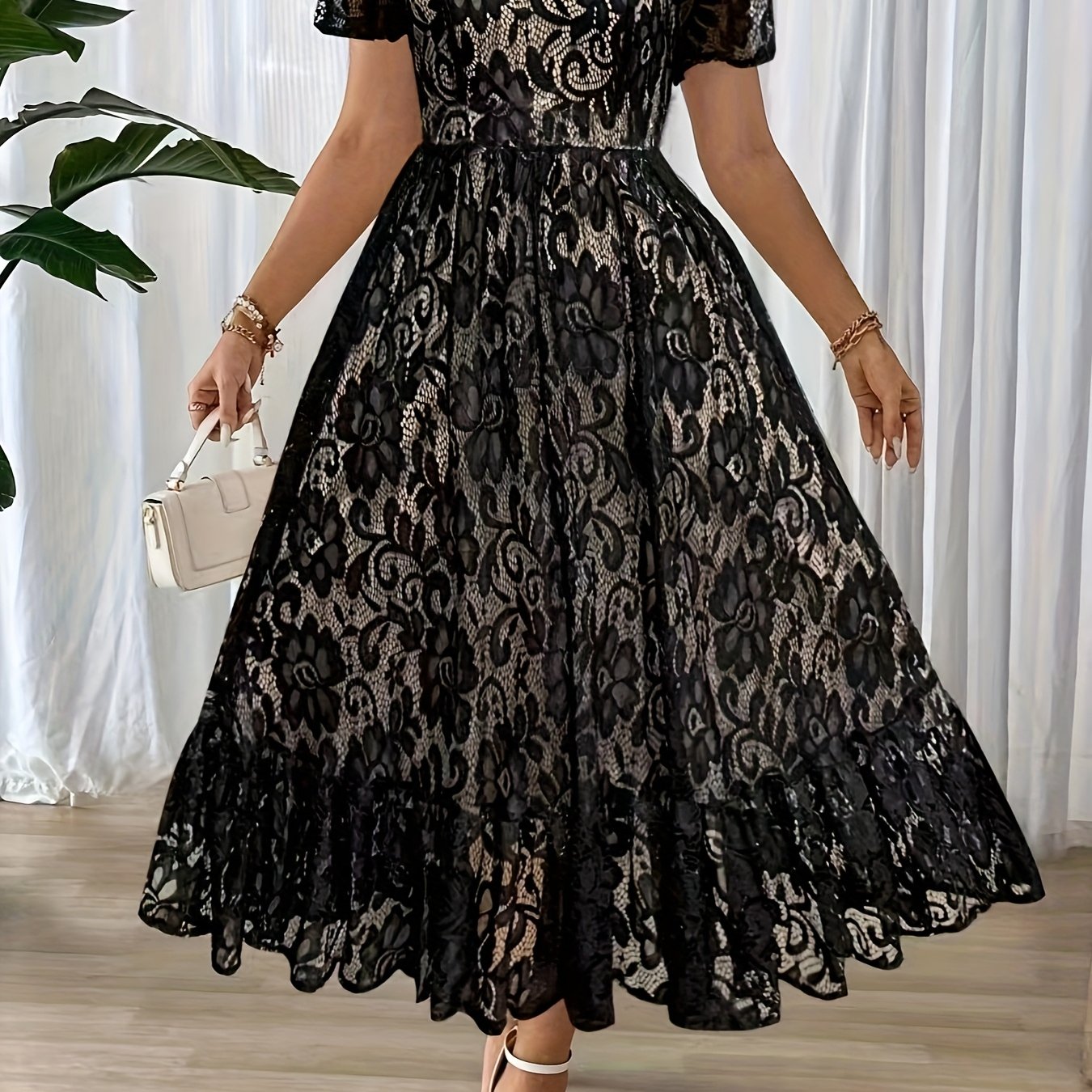 E-shop Plus Size, Elegantes Damen-Kleid in Unifarben mit Spitzenbesatz, Einfaches Alltagskleid für Urlaub Party, Langes Kleid für Damen, Gürtel nicht
