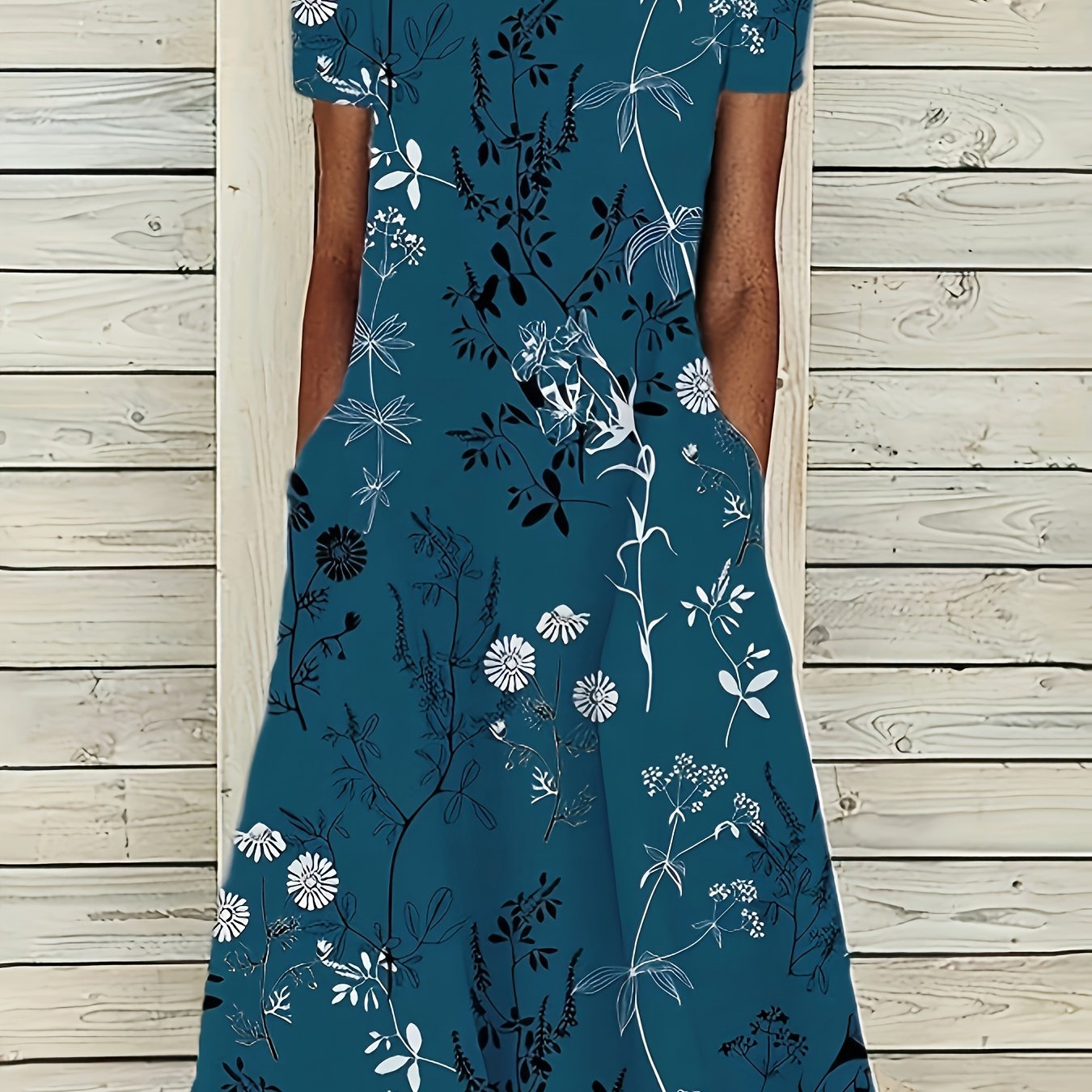 New European And American Round Neck Short Sleeve Printed Long Dress