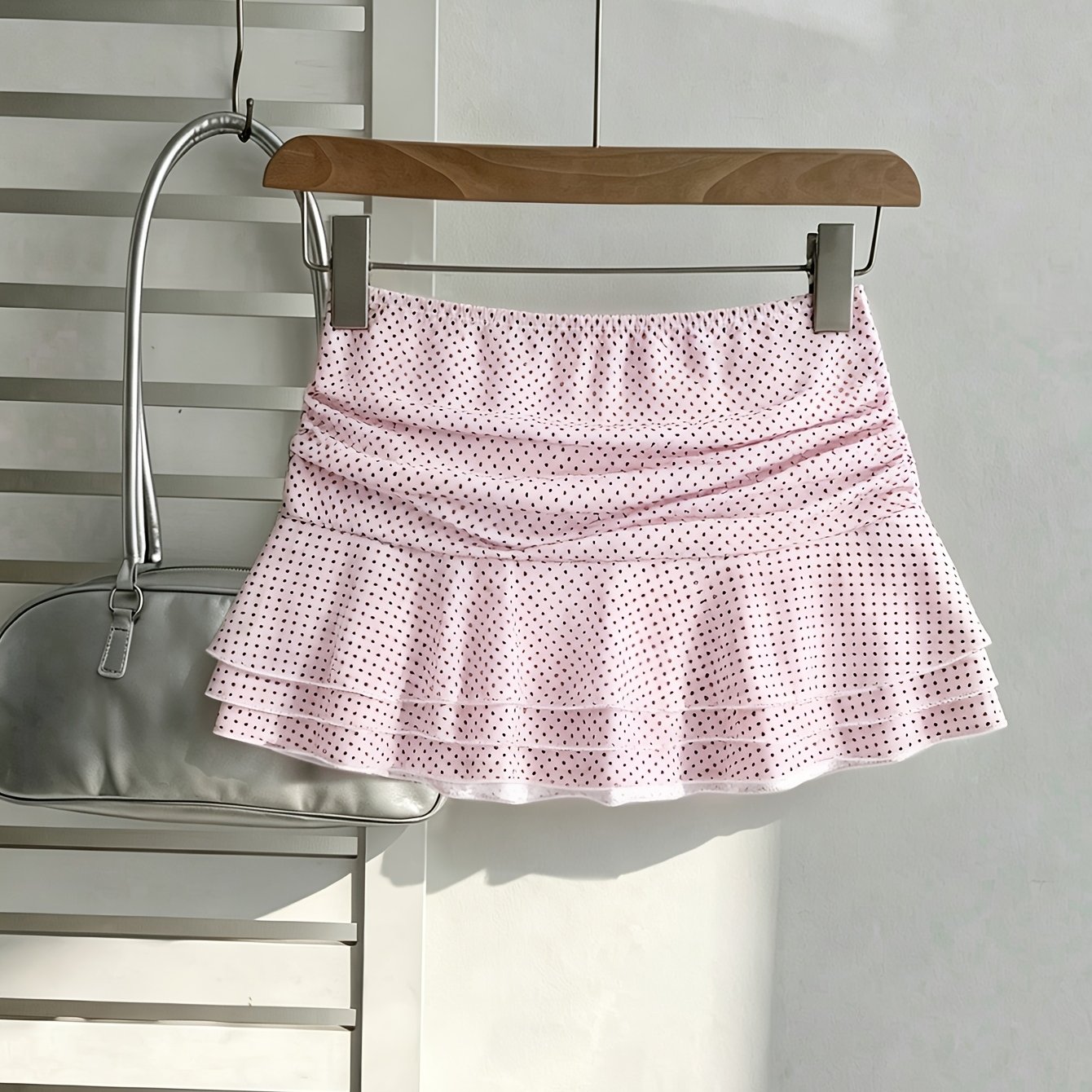 TEMU D452-fashionable Women's Summer Slim Fit Versatile Pink Polka Dot Ruffle Hem Mini Skirt Solid Color Plain Base